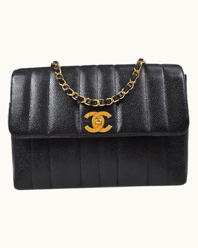 Chanel Chanel Black Caviar Leather Vertical Gold Evening Classic Shoulder Flap Bag
