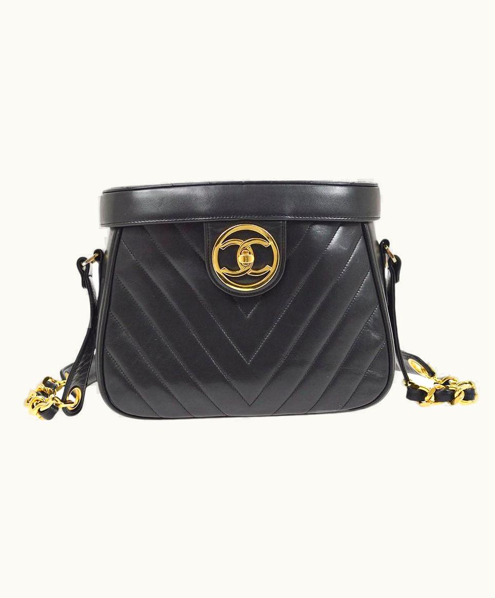 Chanel Chanel Black Lambskin Leather Gold Hardware Small Bucket Canister Shoulder Bag