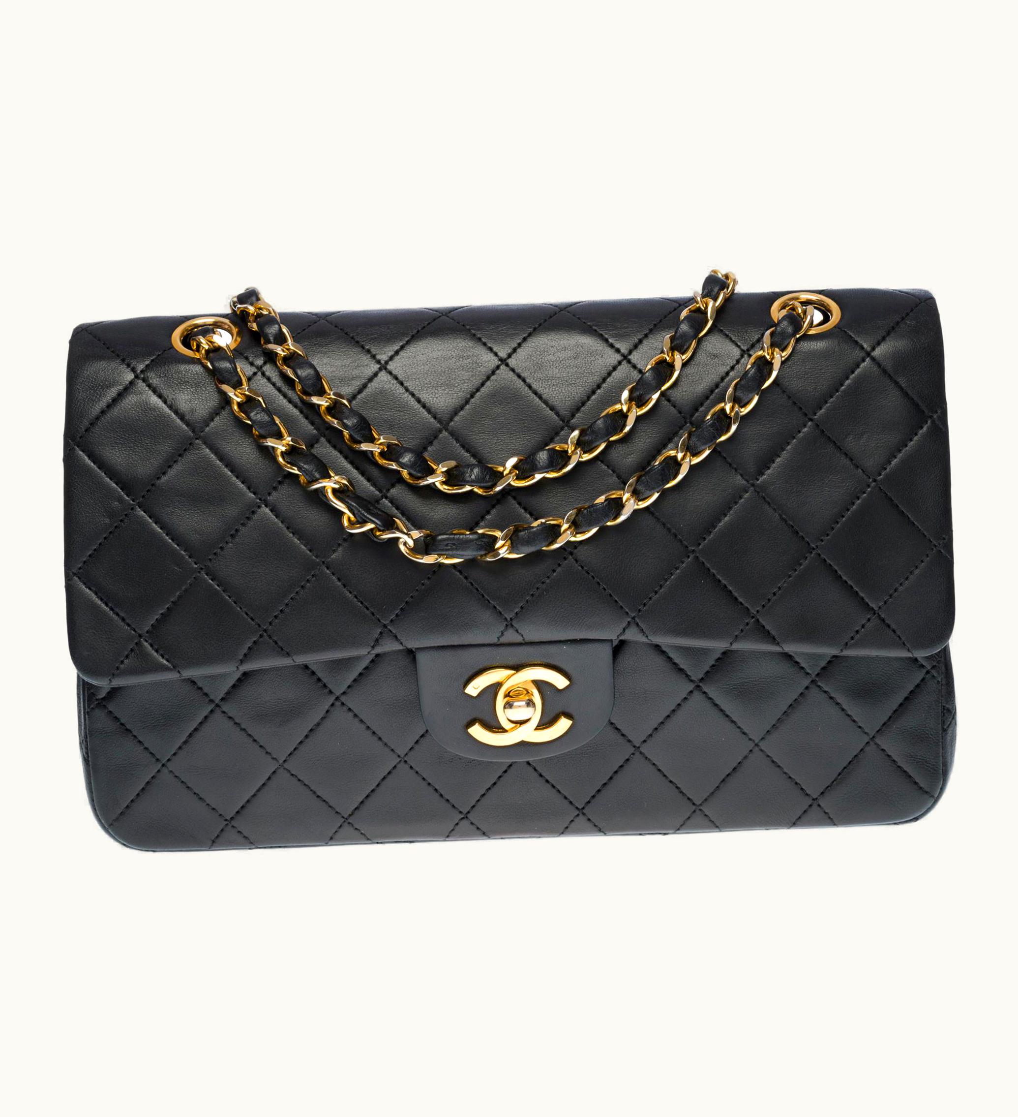 Chanel Chanel Timeless Medium Double Flap Shoulder Bag In Black Quilted Lambskin, Ghw UZ0592465