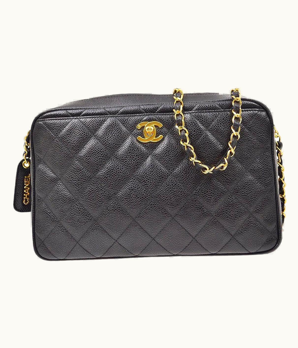 Chanel Chanel Cc Black Caviar Leather Gold Evening Large Camera Shoulder Bag