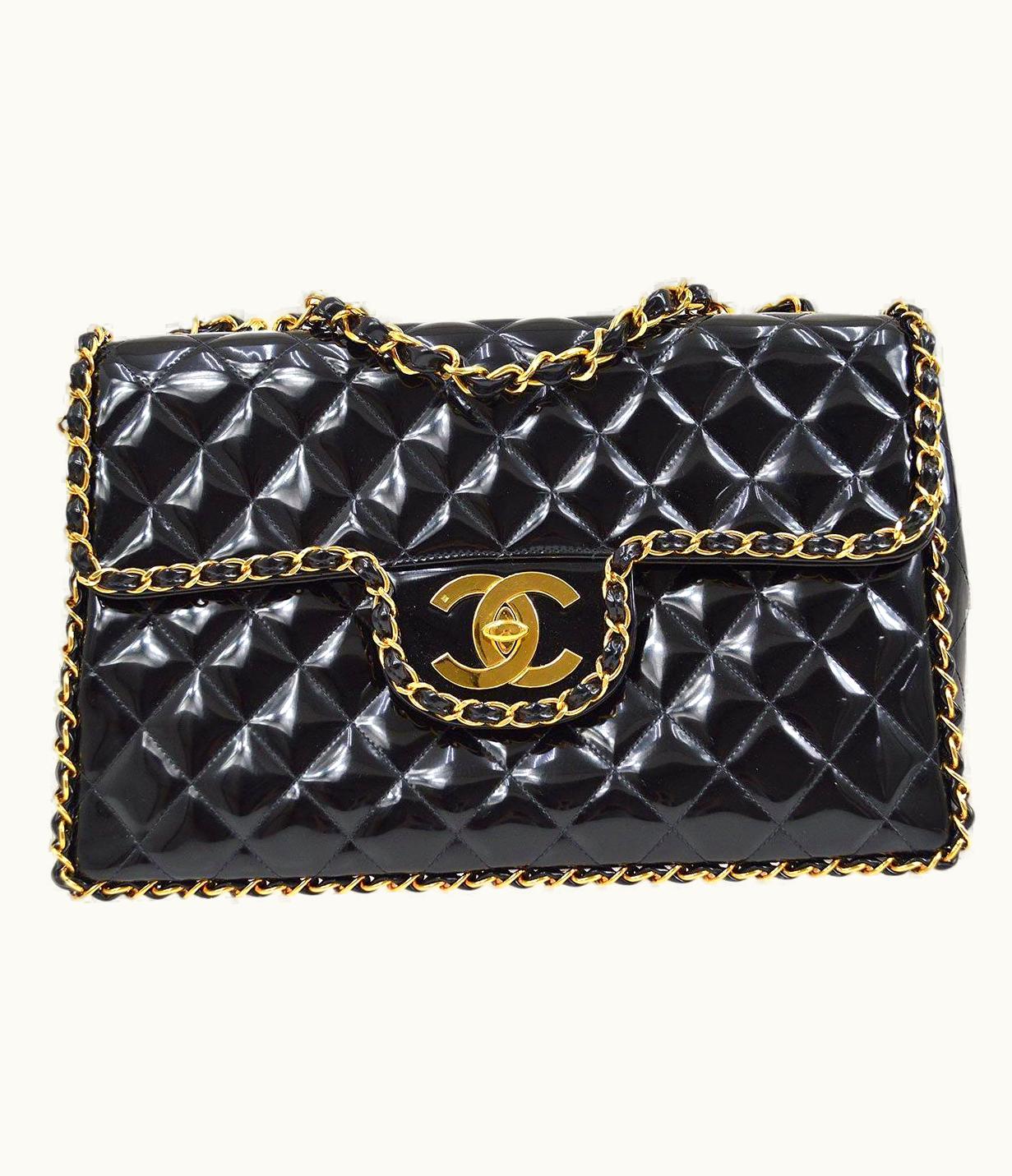 Chanel Chanel Black Patent Leather Wrap Chain Gold Maxi Evening Shoulder Flap Bag