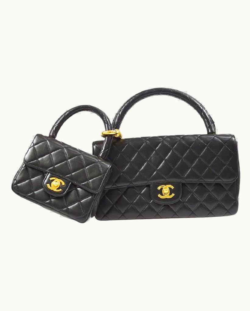 Chanel Chanel Black Lambskin Quilted Leather Gold Top Handle Evening Kelly Flap Bags