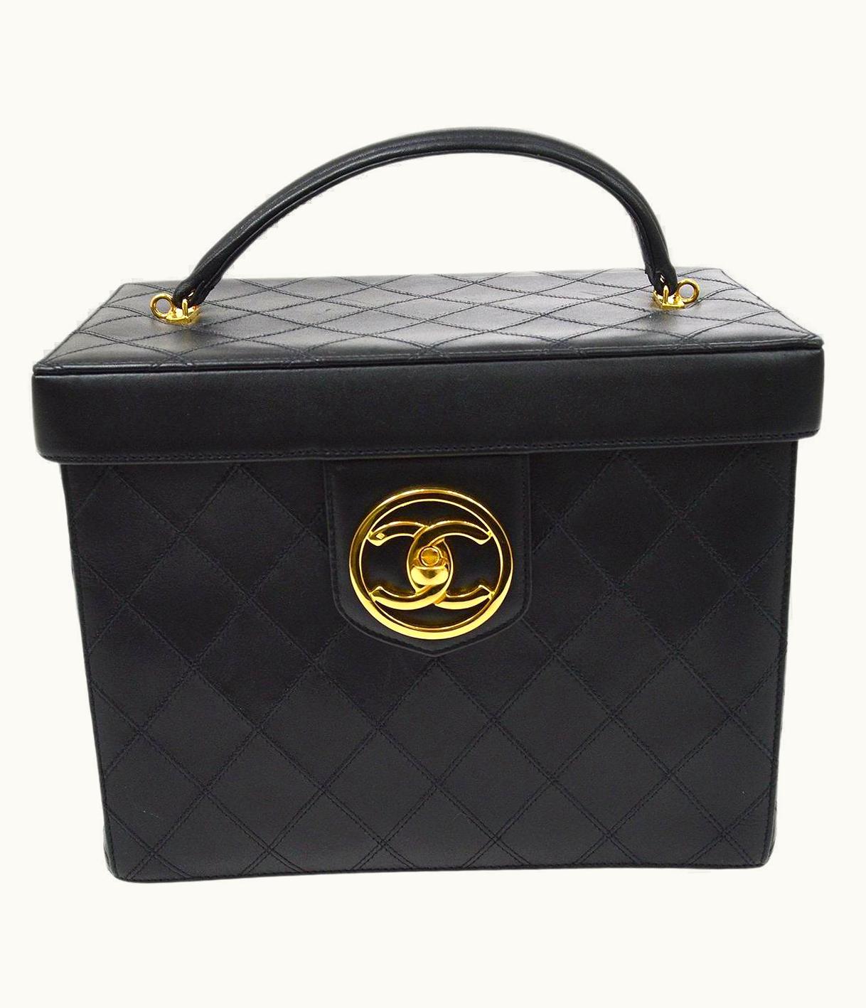 Chanel Chanel Cc Black Calfskin Leather Stitch Gold Cosmetic Vanity Top Handle Bag