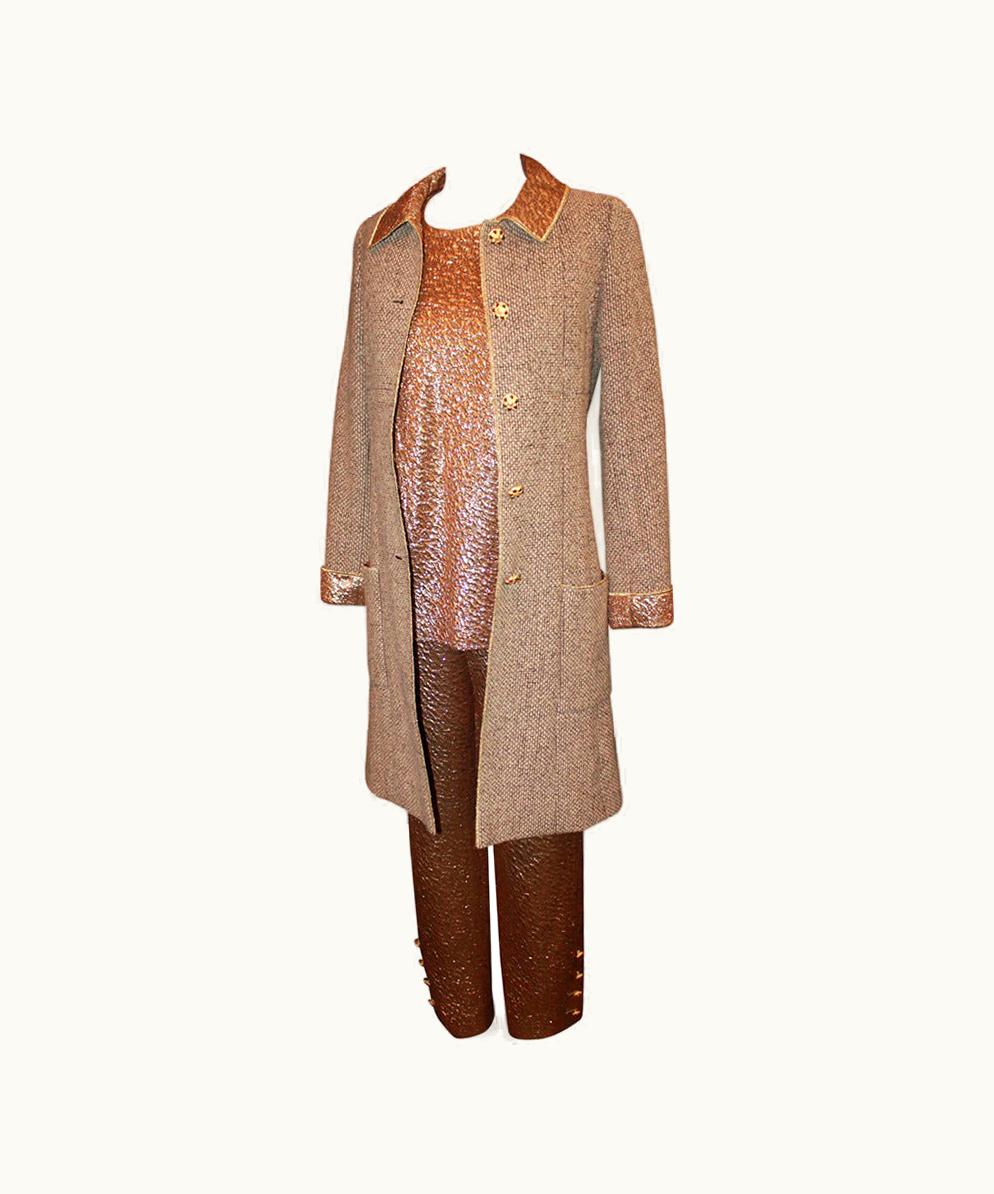 Chanel Chanel 1996 Gold Top & Pants With Tan Tweed Coat & Gripoix Buttons