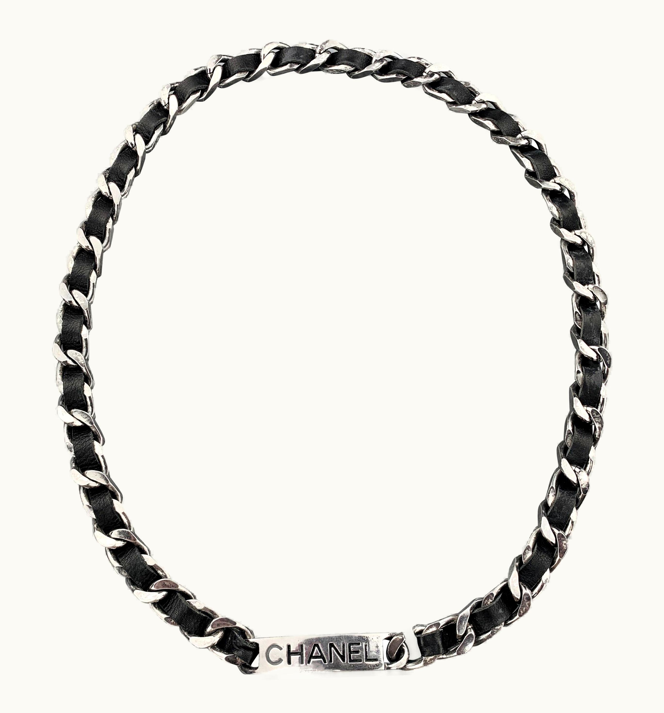 Chanel Chanel 1996 Silver Tone Metal Black Leather Woven Curb Chain Label Plaque Belt