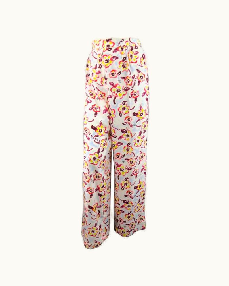 Chanel 1996 Chanel Light Blue Pink & Yellow Watercolor Floral Wide Leg Pants