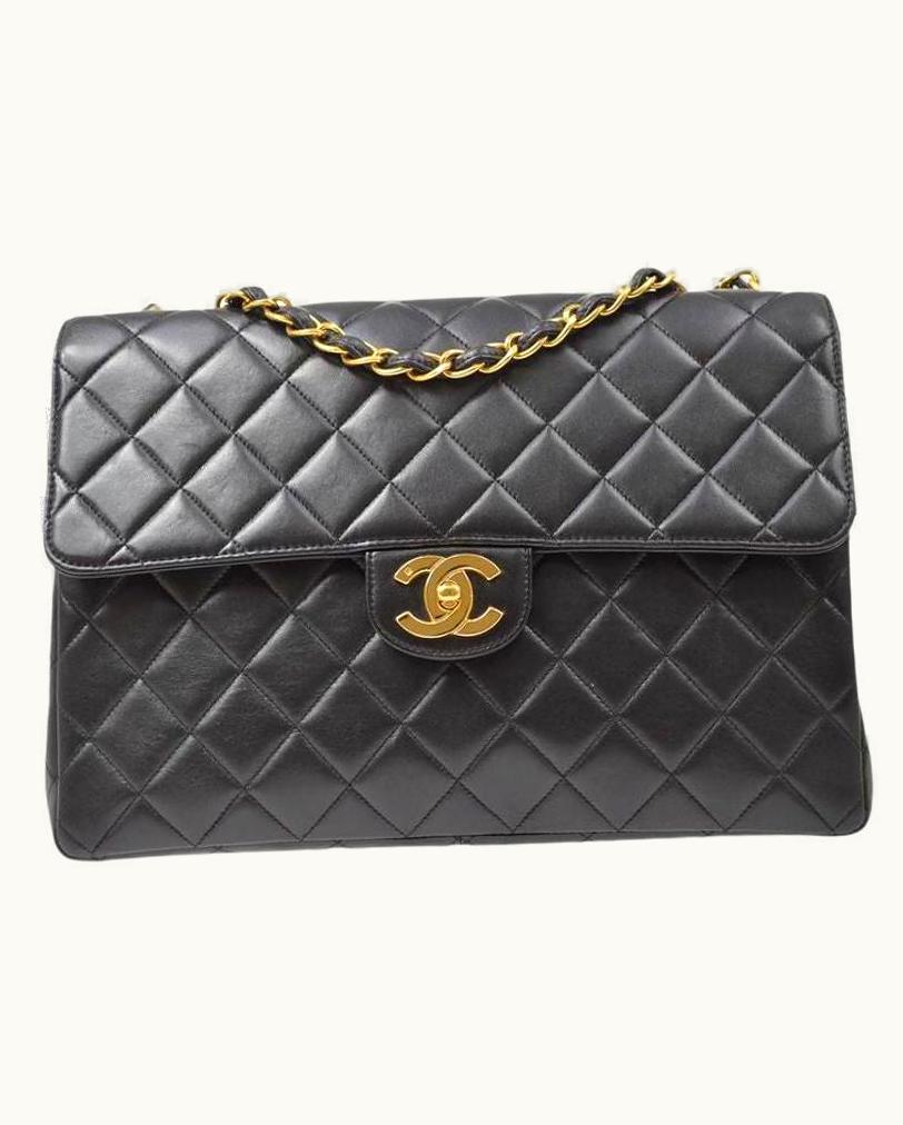 Chanel Chanel Black Lambskin Leather Gold Evening Shoulder Jumbo Flap Bag