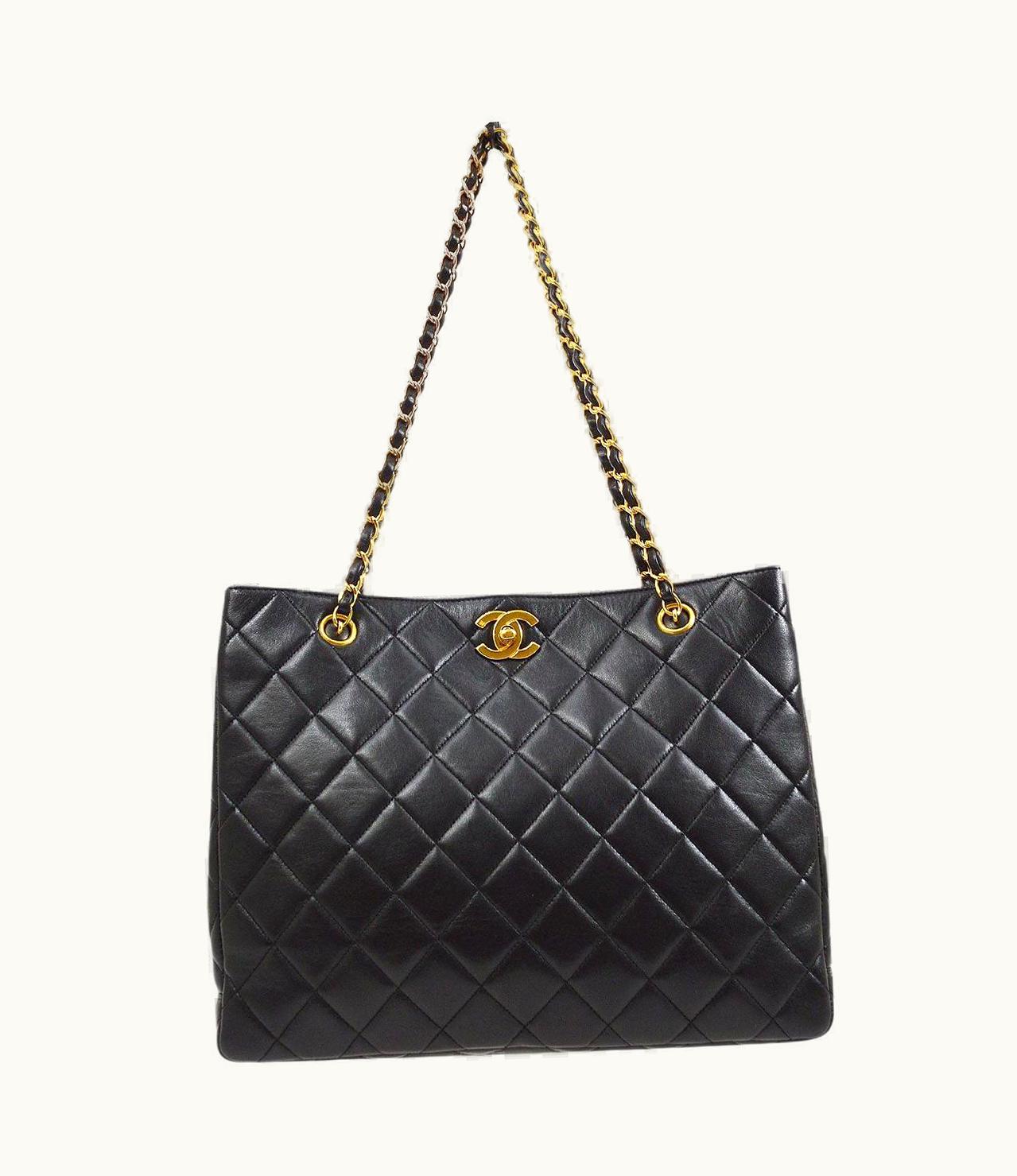 Chanel Chanel Black Lambskin Leather Gold Large Shopper Carryall Shoulder Tote Bag