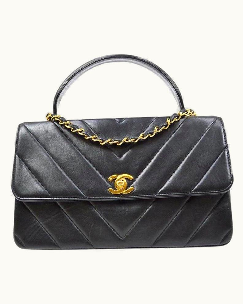 Chanel Chanel Kelly Black Lambskin Quilted Leather Chevron Top Handle Shoulder Flap Bag