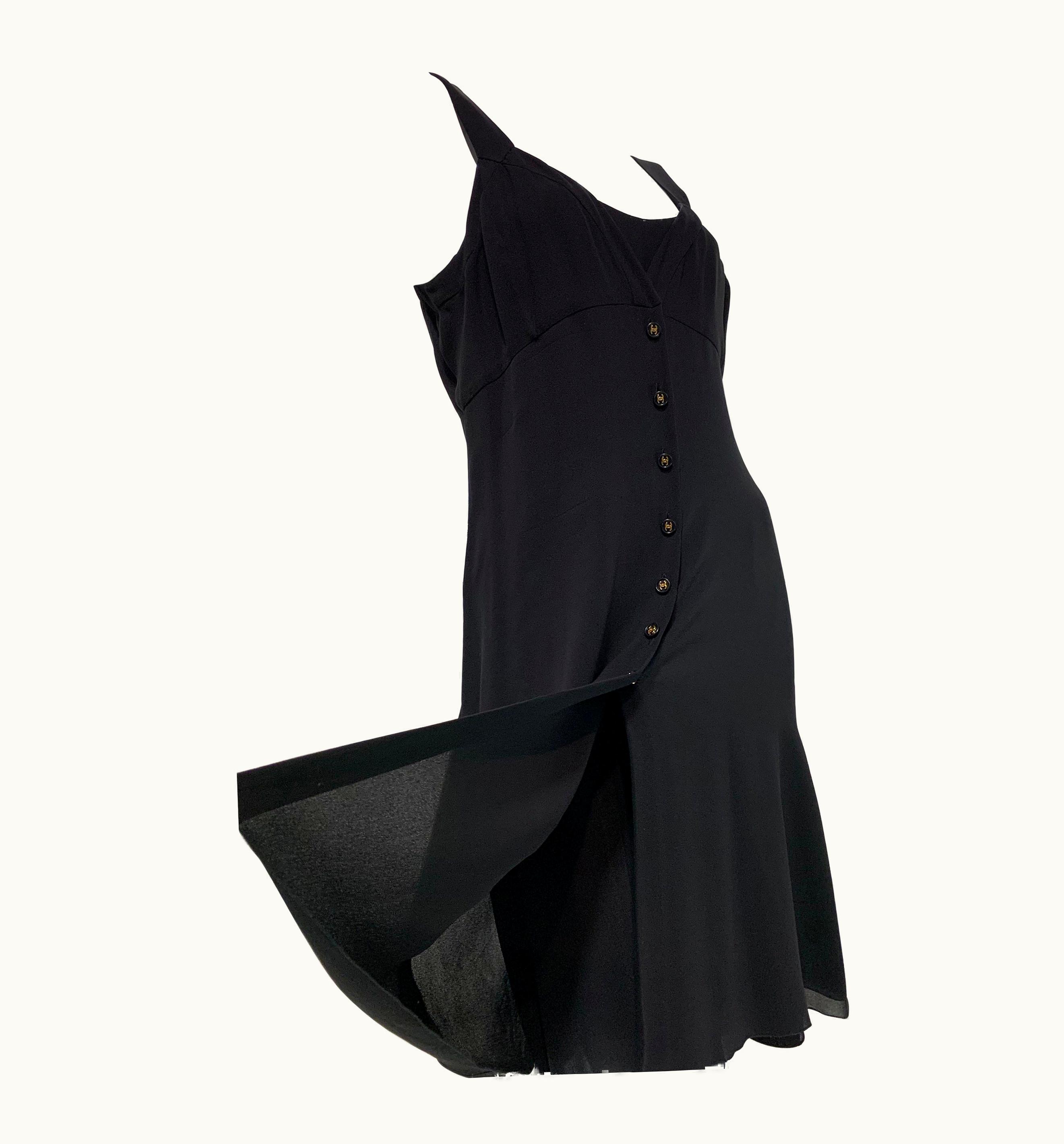 Chanel 1997 Chanel By Lagerfeld Black 2-Piece Slip And Button Down Crepe Dress Ensemble