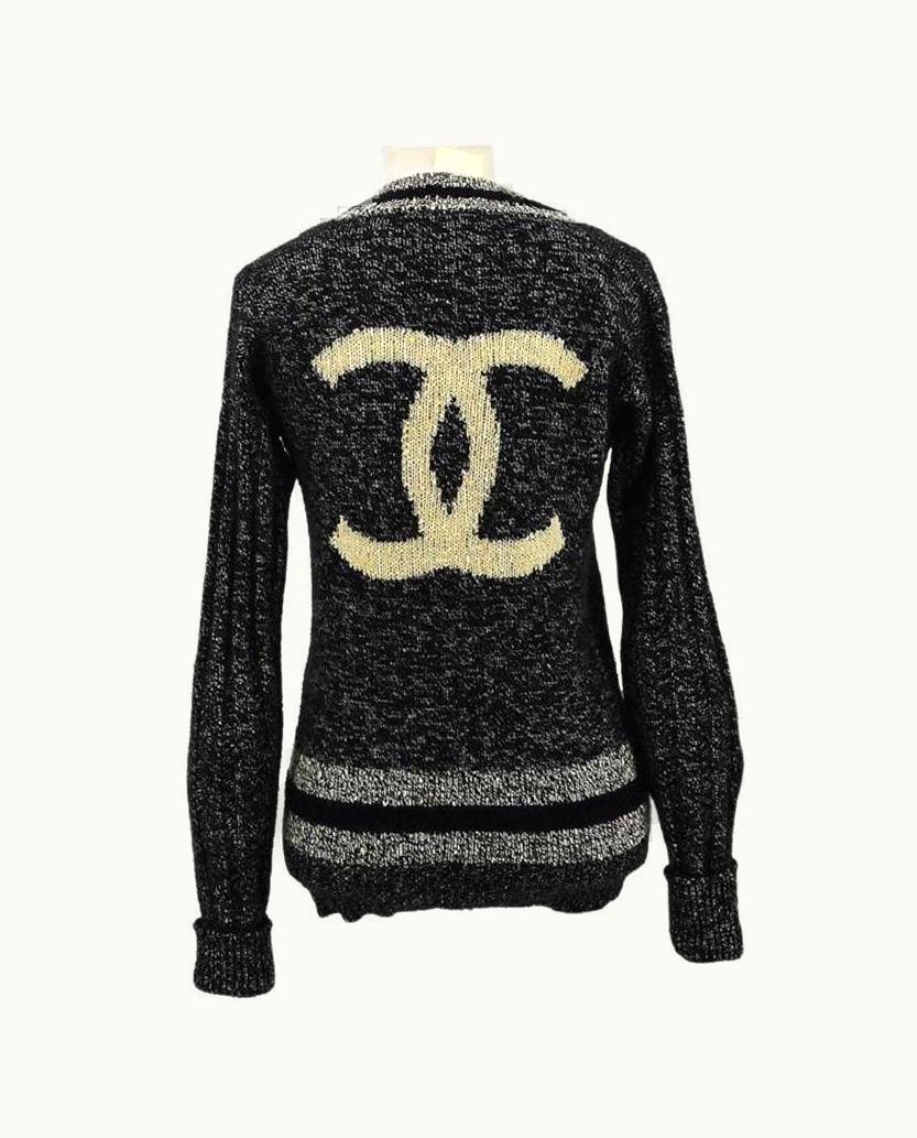 Chanel Chanel Cc Black Grey Ivory Stripe Cashmere V-Neck Women' Sweater