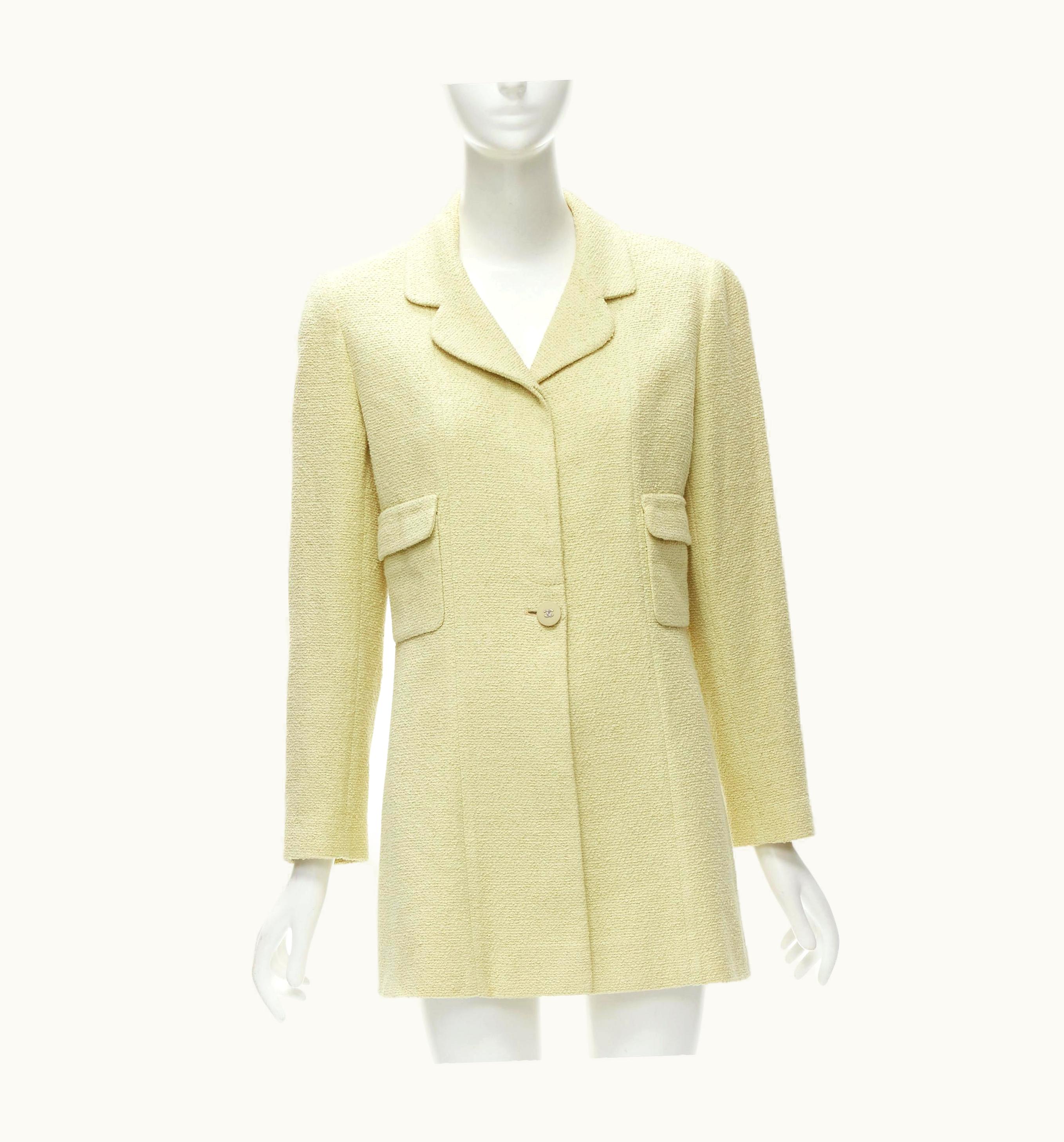 Chanel Chanel 98c Vintage Pastel Yellow Tweed Cc Button Long Jacket