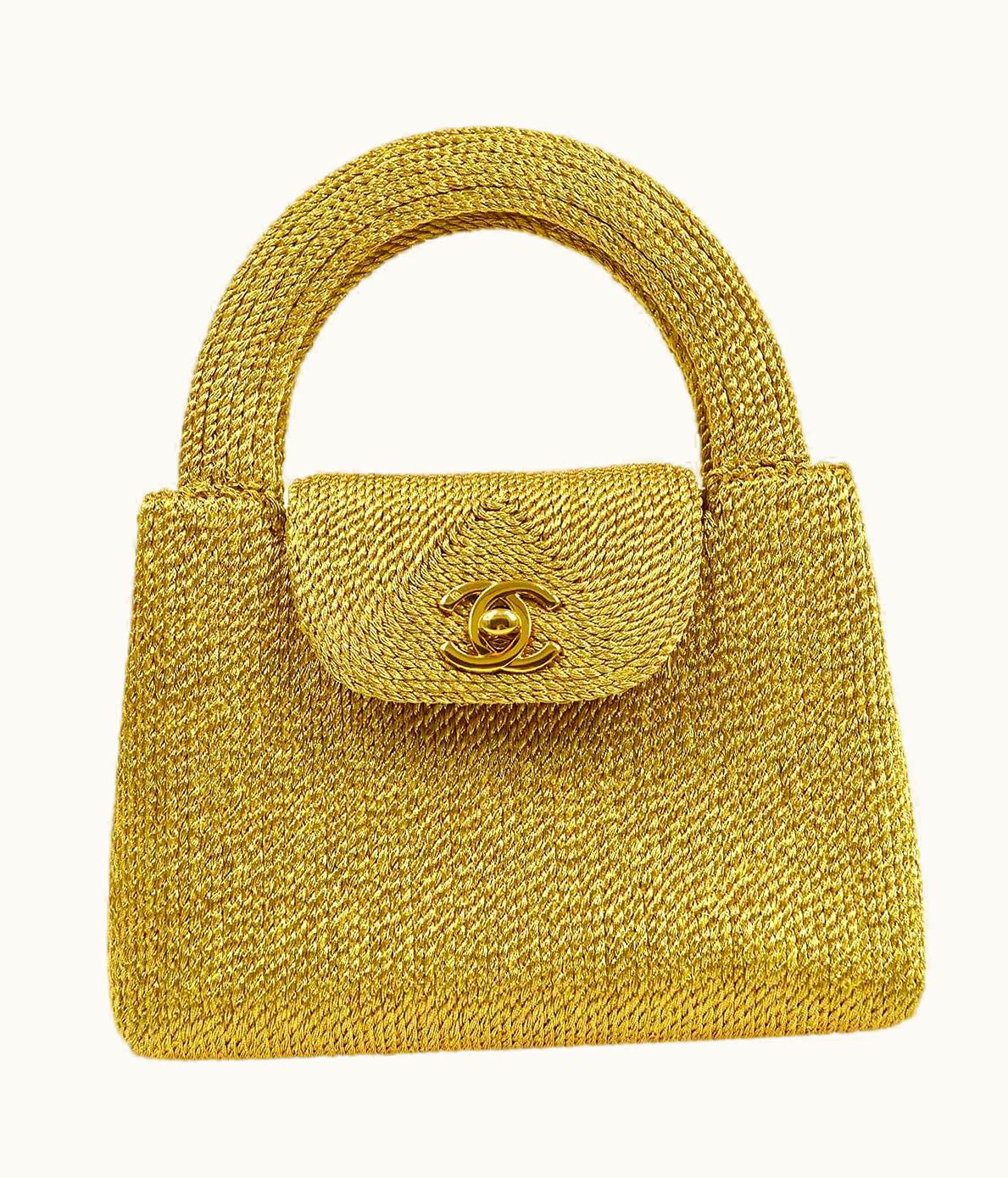 Chanel Gold Lame Silk Woven Small Mini Kelly Style Flap Top Handle Bag