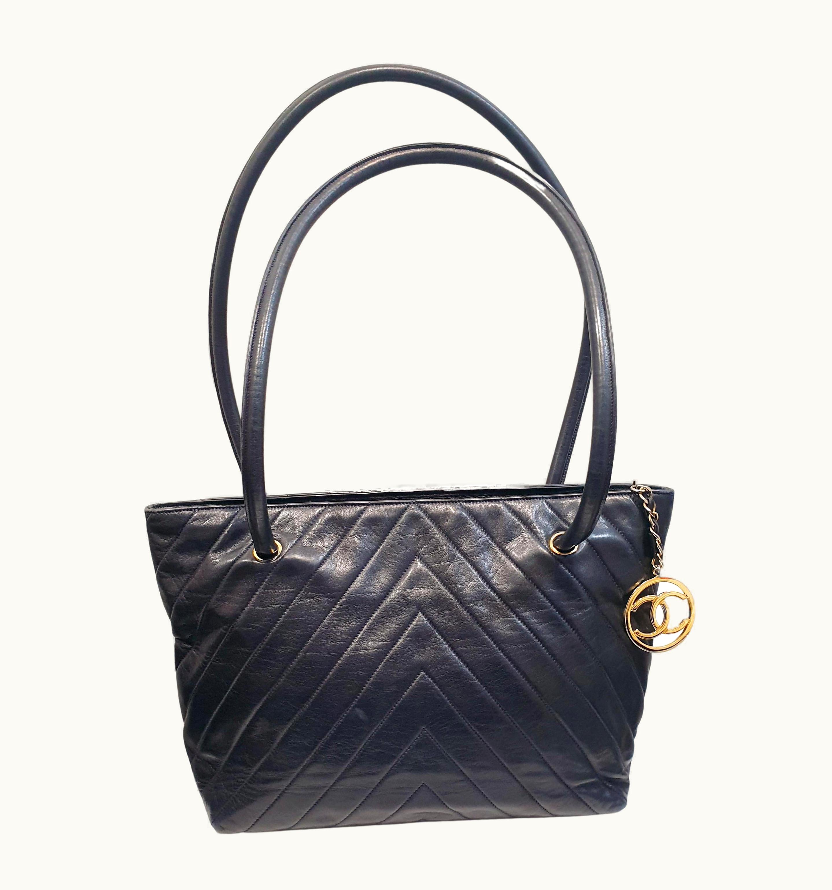 Vintage Chanel Dark Blue Leather Quilted Chevron Large Tote Bag