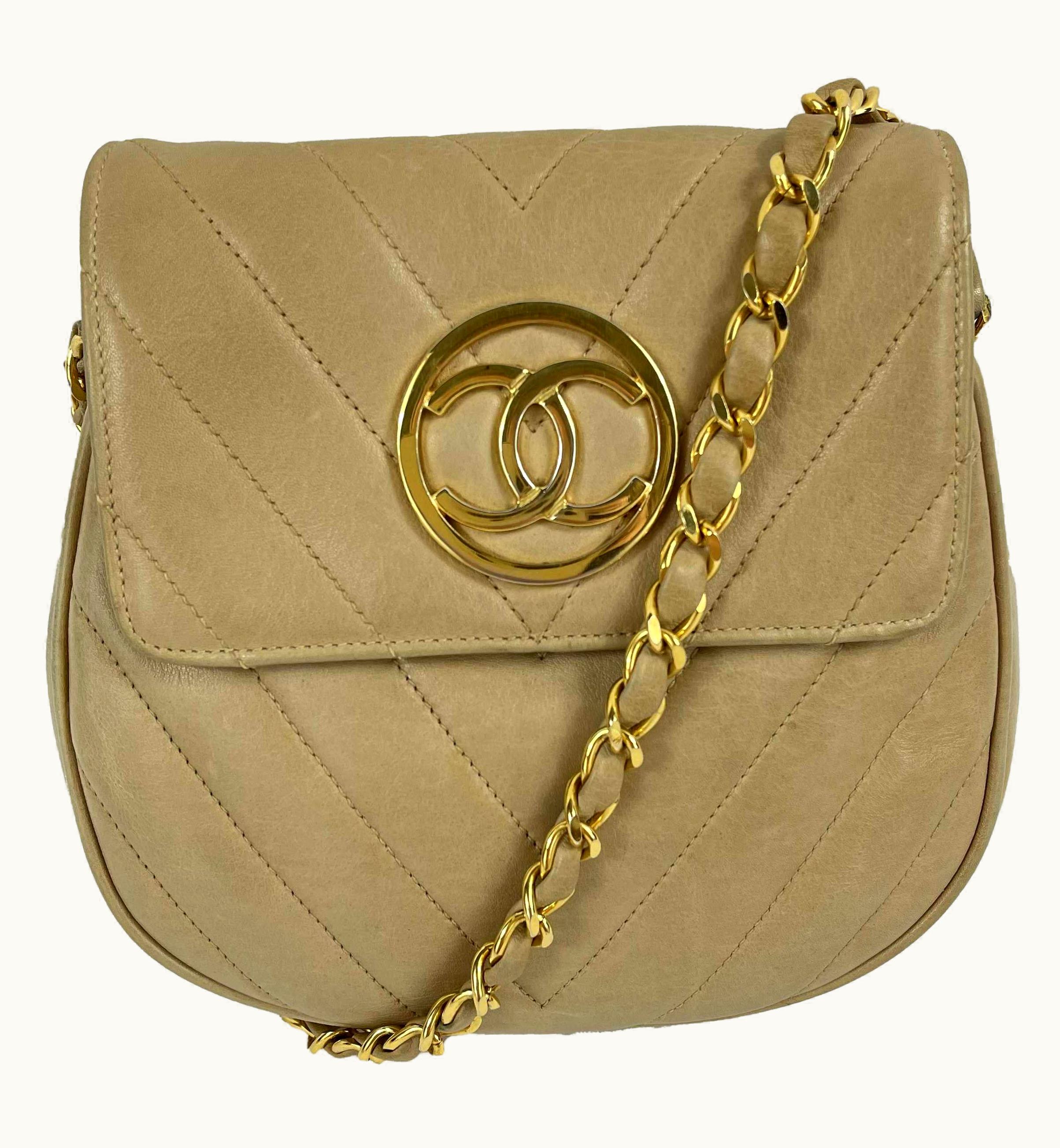 Chanel - Excellent - 90' Vintage Chevron Flap 24k - Beige, Gold - Handbag