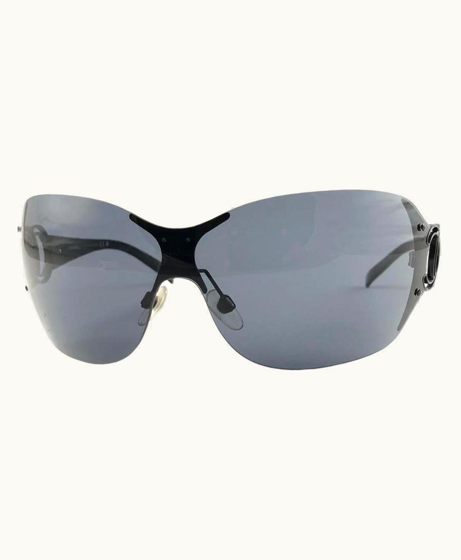 Vintage Chanel Oversized Shield Rimless Black Sunglasses Made In Italy Y2k