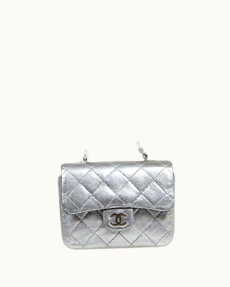 Chanel Chanel Silver Metallic Leather Micro Mini Evening Pouch Pochette Chain Belt Bag