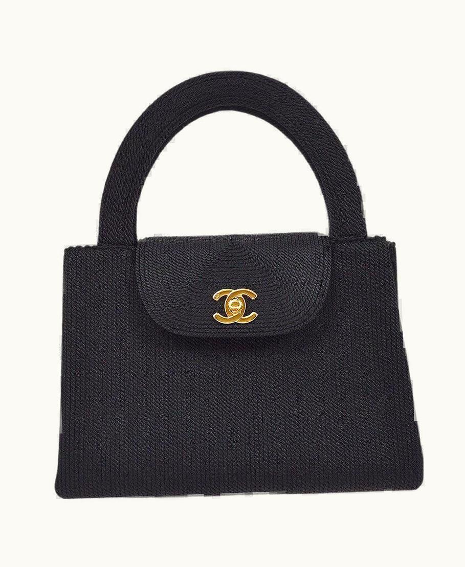 Chanel Black Woven Rope Small Mini Kelly Top Handle Satchel Evening Flap Bag