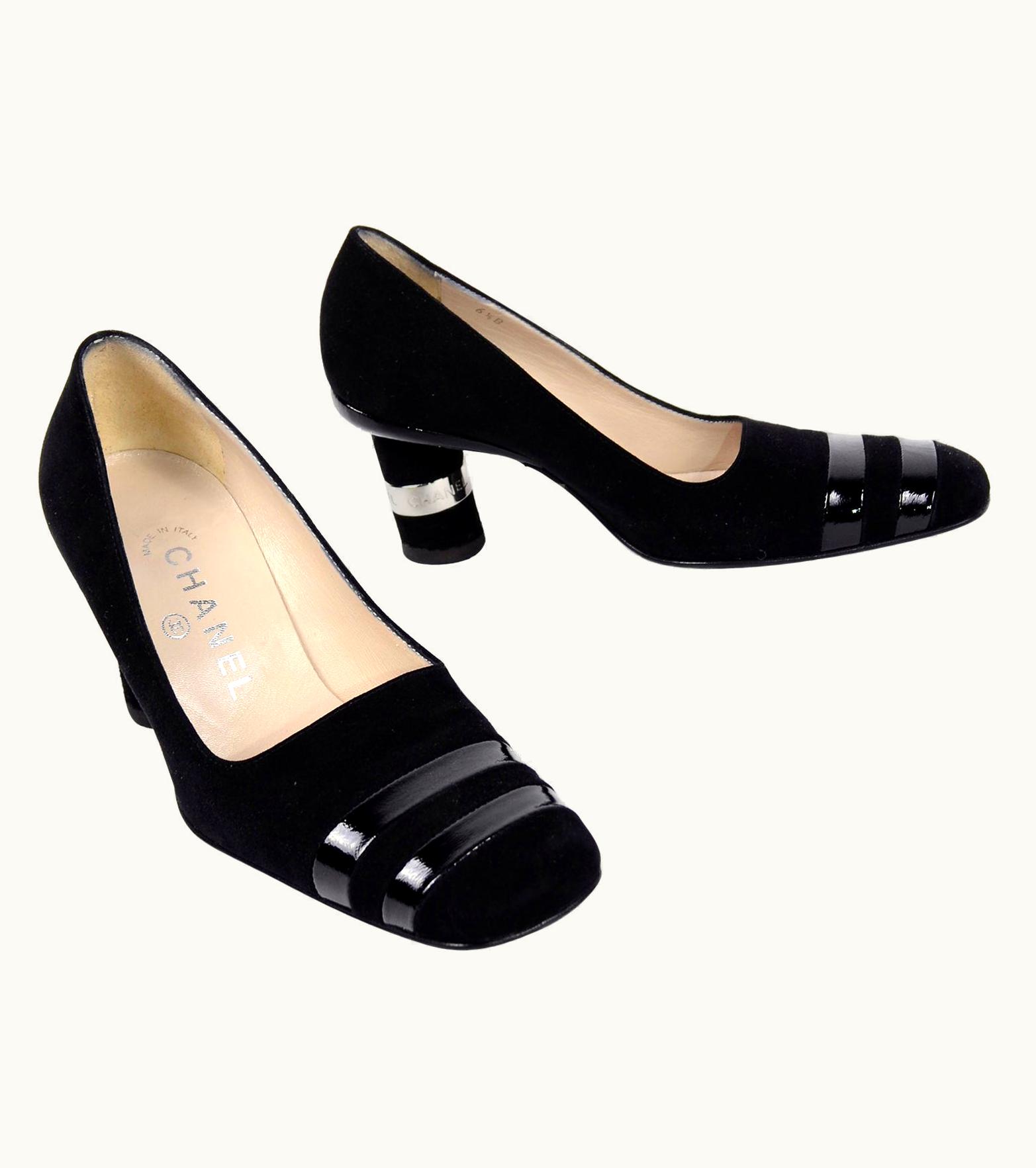 Chanel Autumn Winter 2000 Black Suede Leather Pumps W Round Block Heels 6