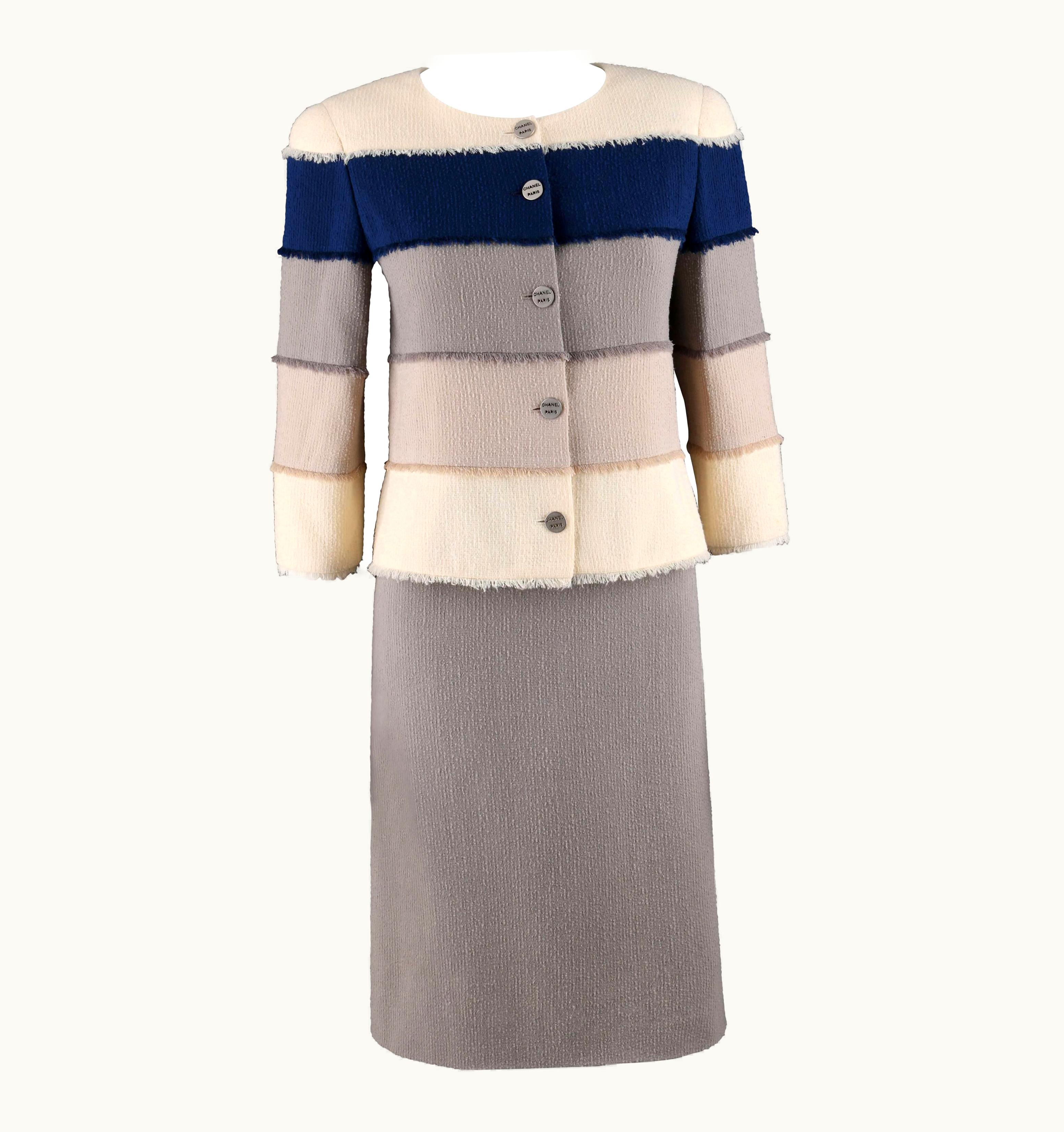 Chanel Chanel Cruise 2000 2pc Tri-Color Raw Edge Fringe Tweed Jacket Skirt Suit