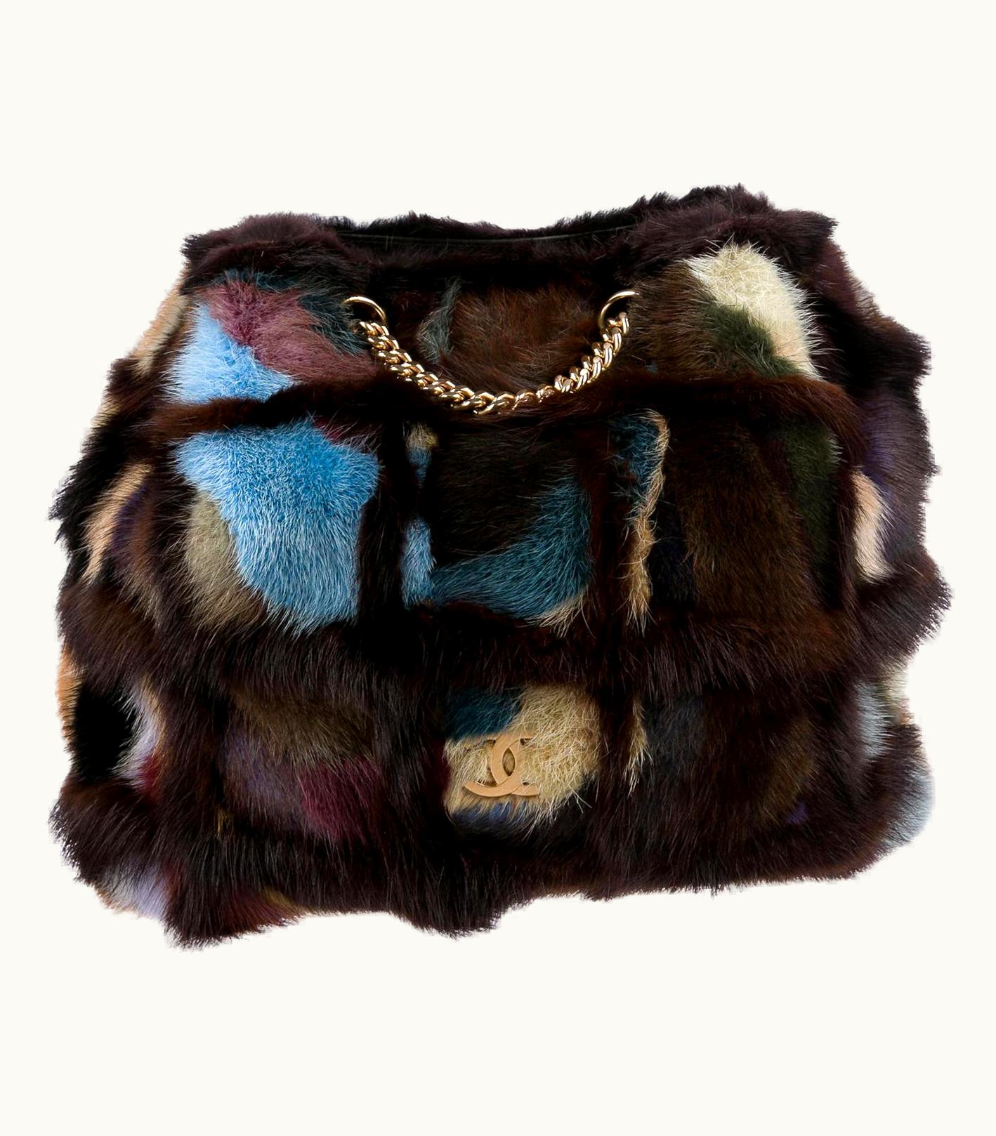 Chanel Brown Multicolor Patchwork Mink Fur Shoulder Bag