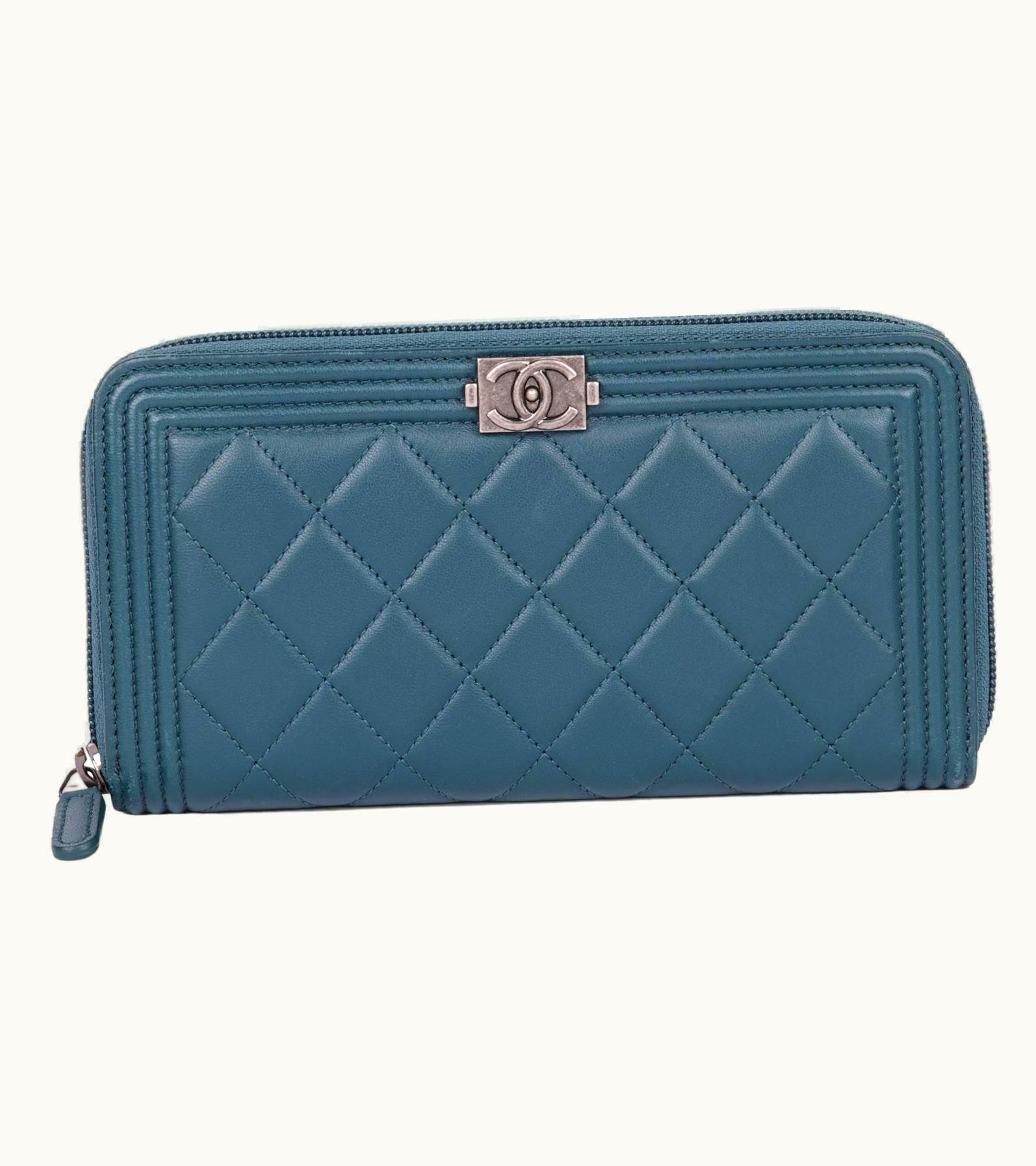 Chanel Chanel Teal Lambskin Leather Boy Matrasse Long Wallet
