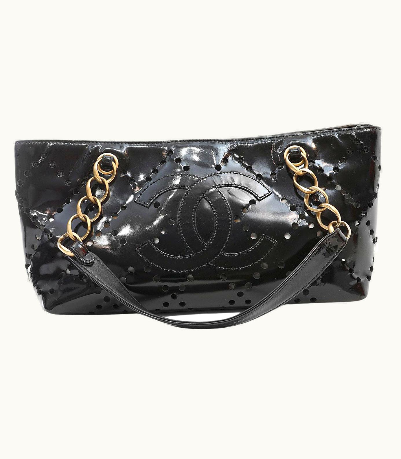 Chanel Chanel Black Patent Leather Perforated Cc Tote
