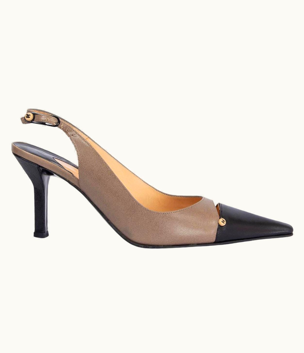 Chanel Chanel Taupe & Black Leather Pointed Toe Slingbacks Shoes