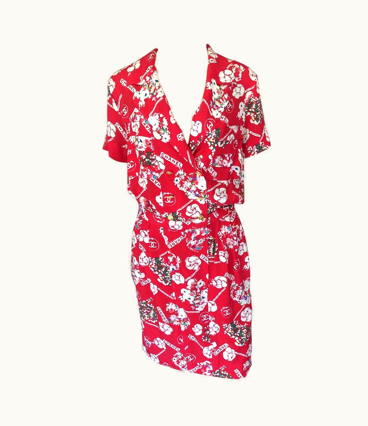 Chanel Chanel Vintage Double Breasted Logo Silk Red Dress