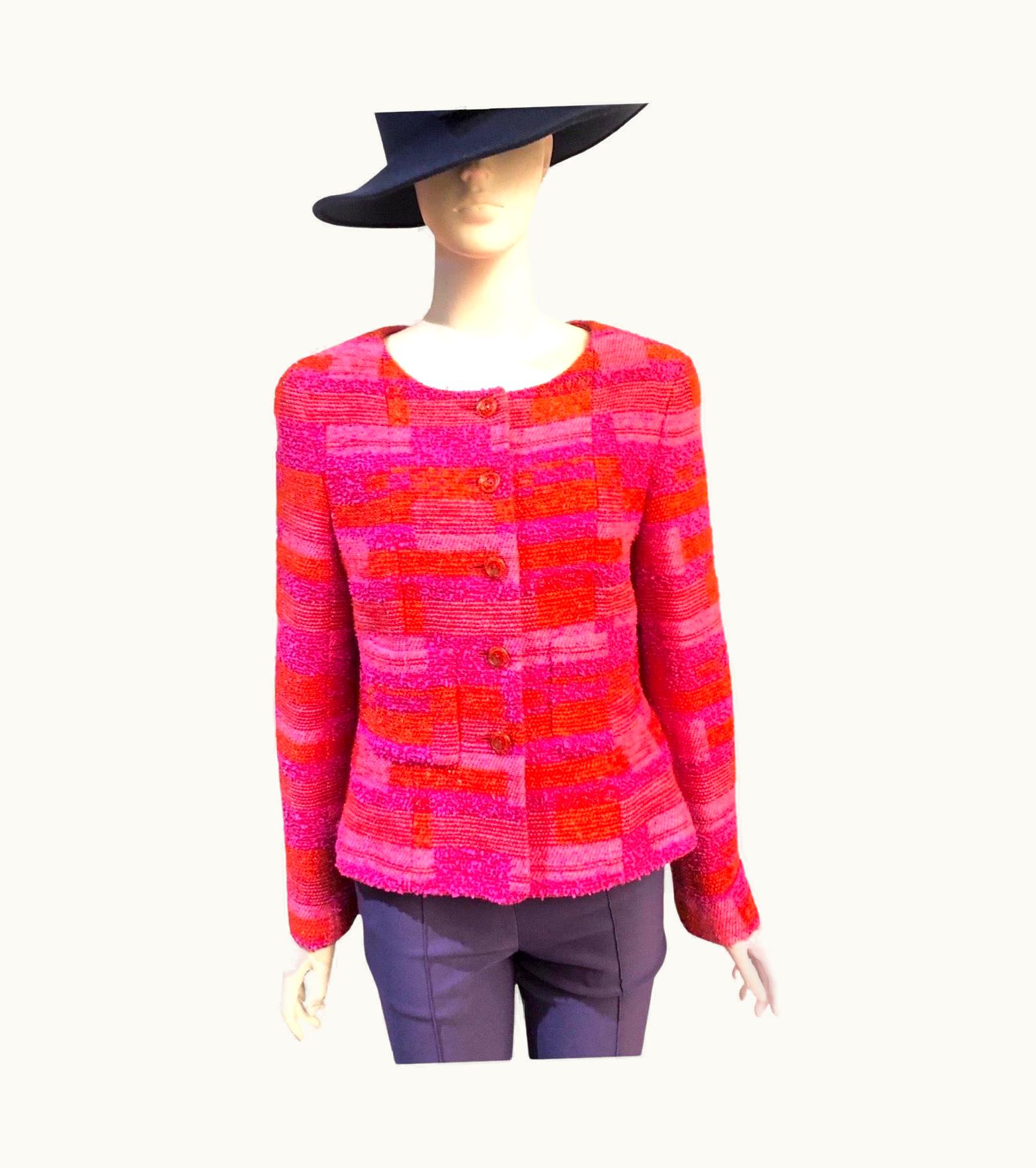 Chanel Chanel Red And Pink Colour Blocking Tweed Jacket