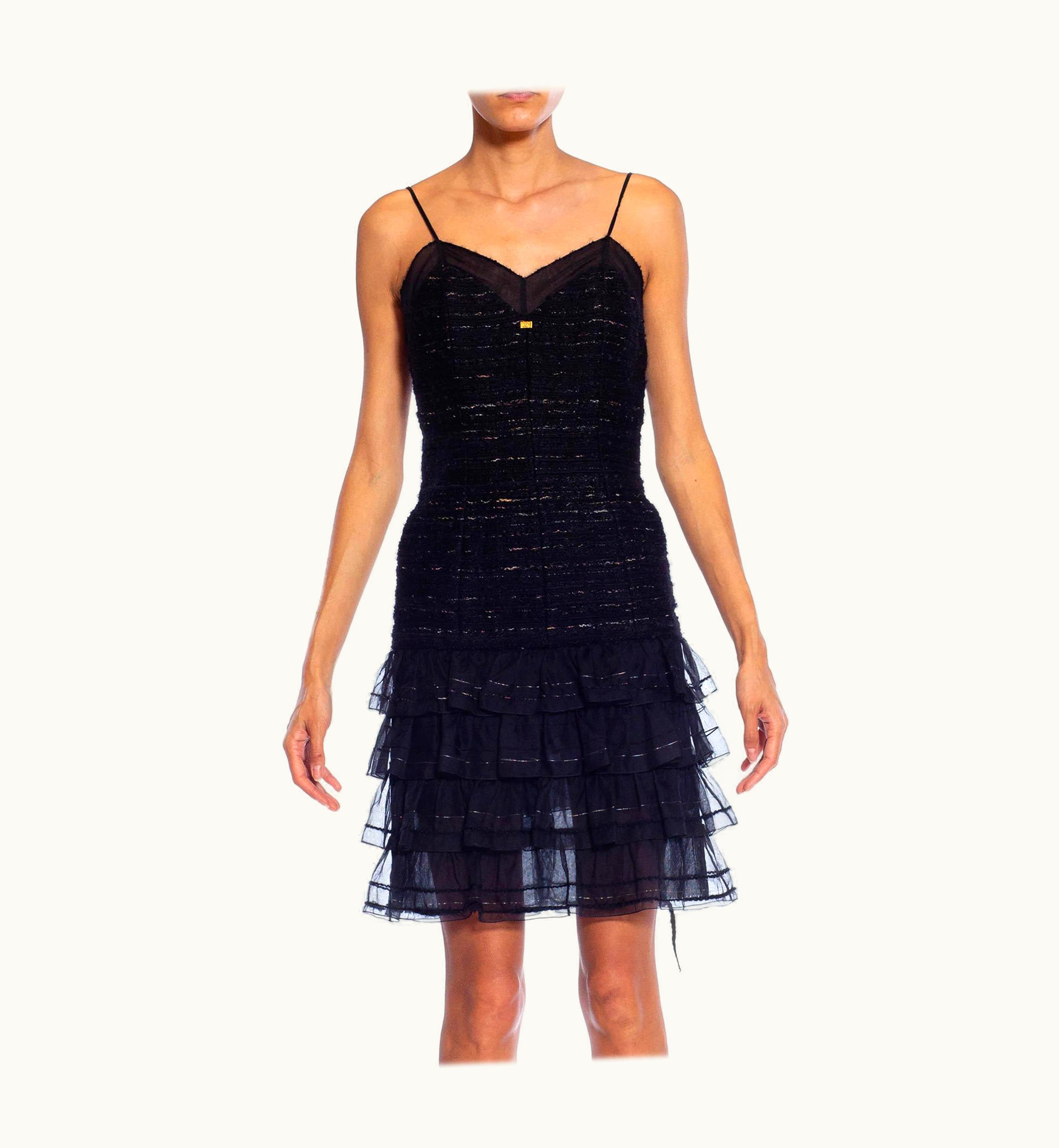 Chanel 2000s Chanel Black Wool Blend Ruffled Slip Dress