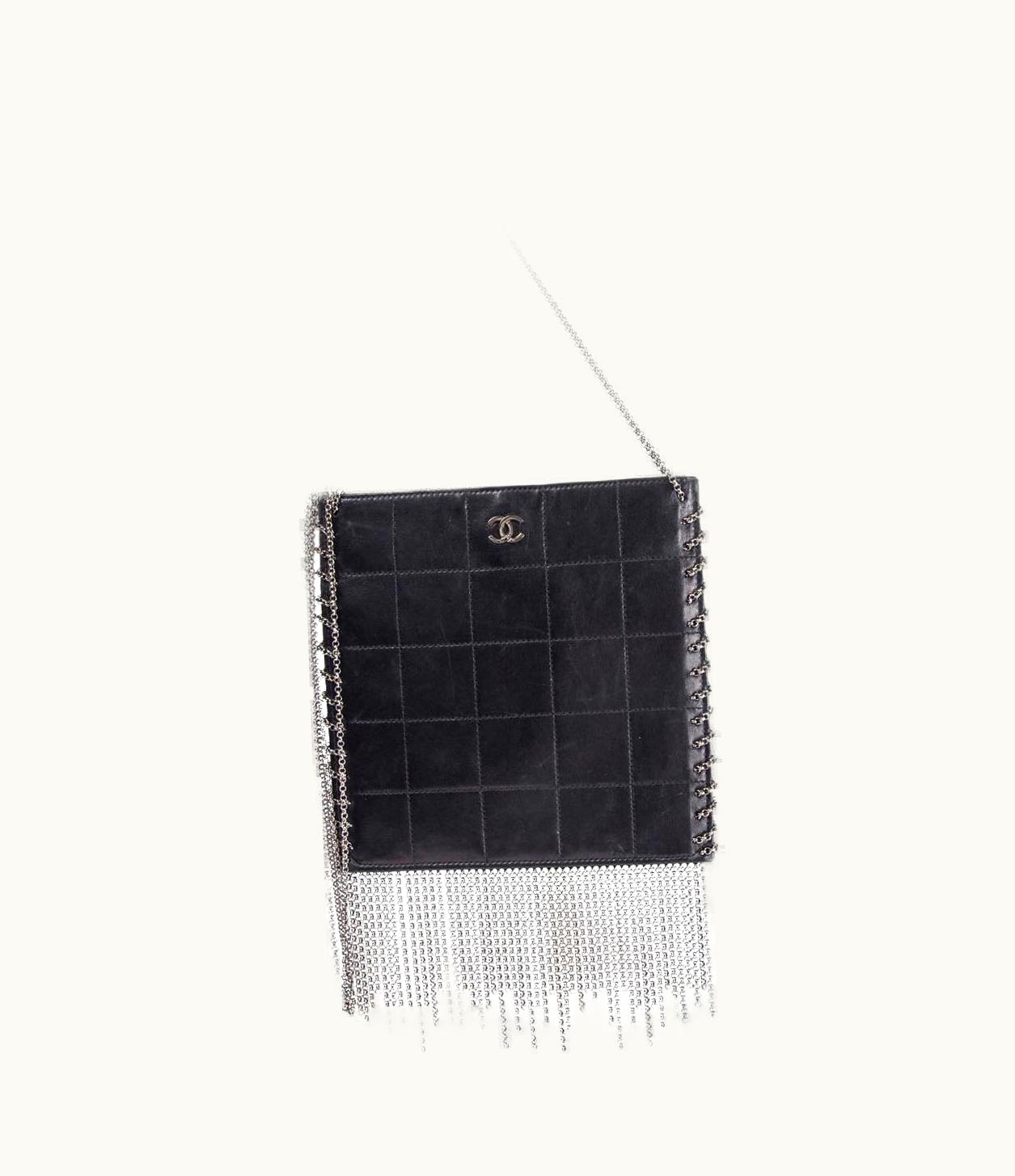 Chanel Chanel Black Leather 2002 Chain Fringe Square Crossbody Bag