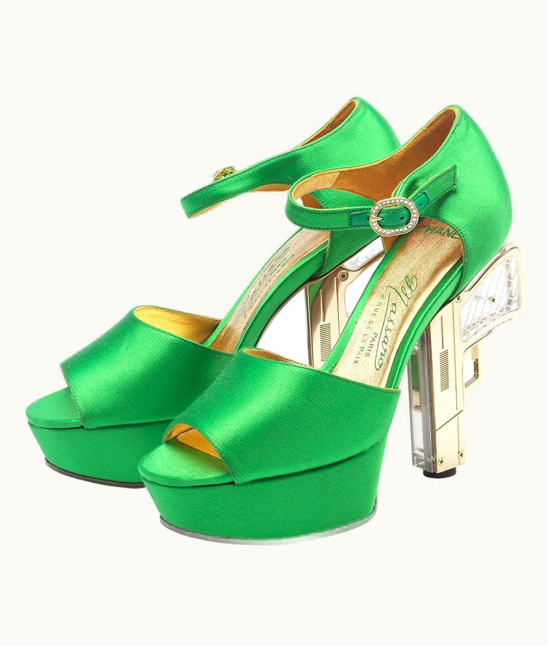 Chanel 2009 Miami Cruise Collection Massaro For Chanel Green Silk Pistol Heels