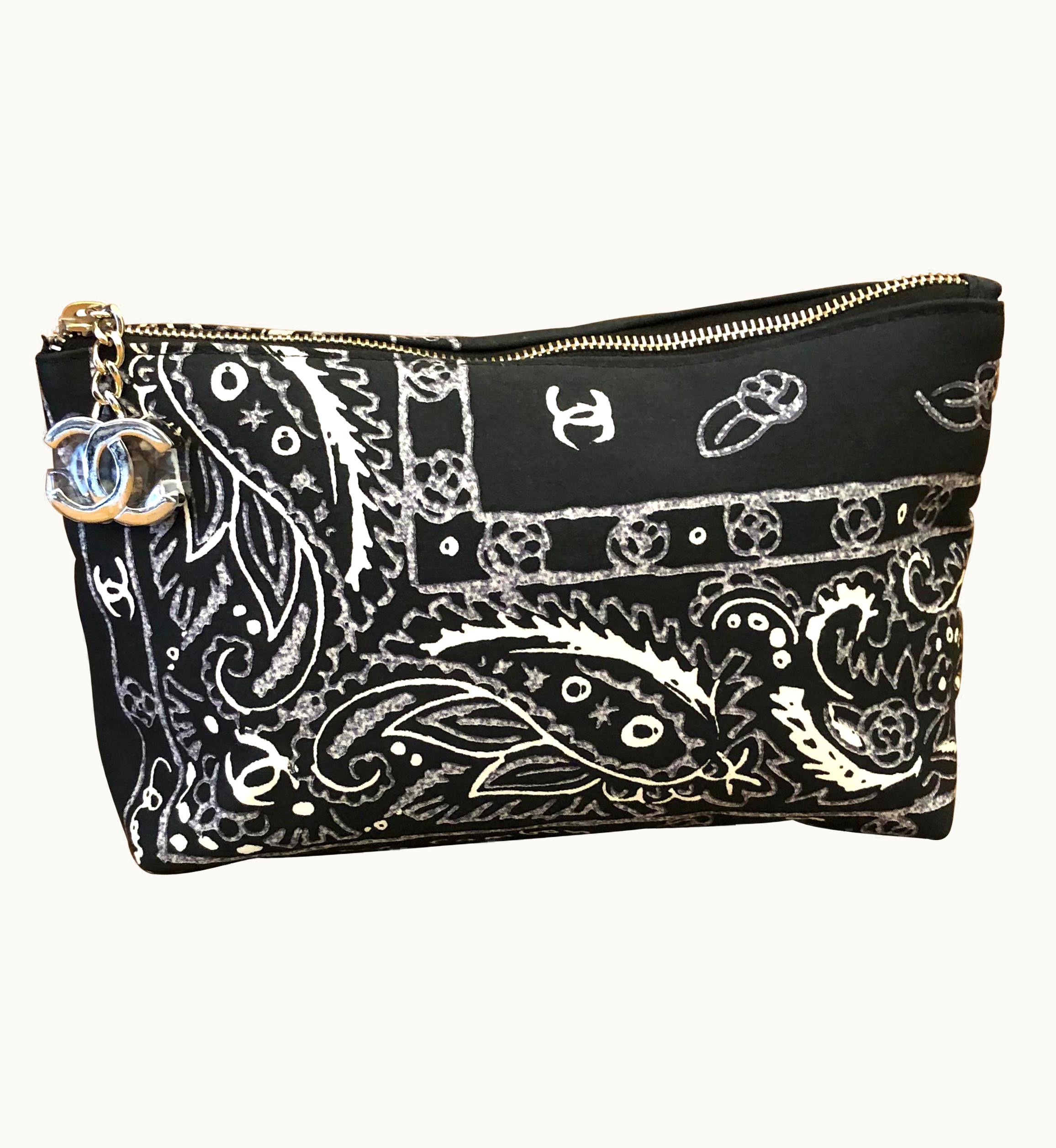 Chanel 2000s Chanel Black Paisley Printed Pouch Cosmetic Bag