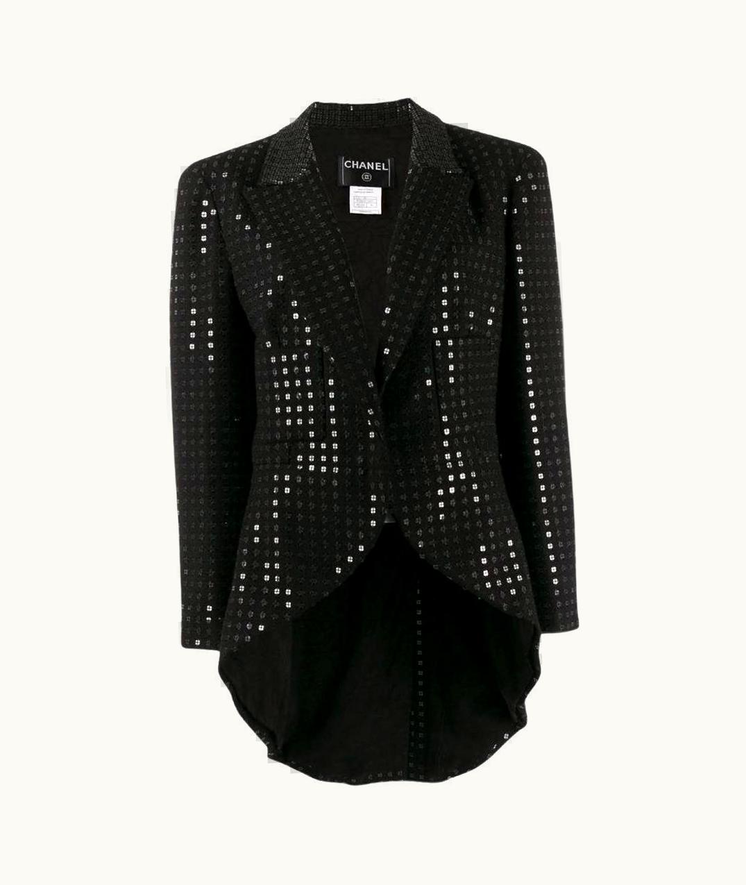 Chanel Chanel Vintage 2000s Black Wool Sequined Open Frock Jacket