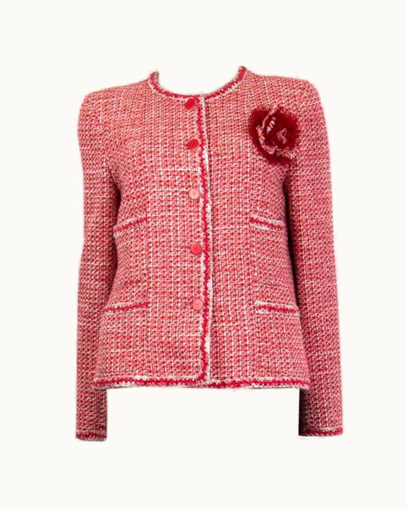 Chanel Chanel Pink White Wool Tweed Flower Brooch Blazer Jacket