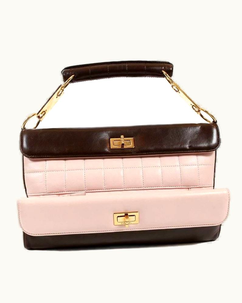 Chanel Chanel Pink And Brown Lambskin Clutch With Handle
