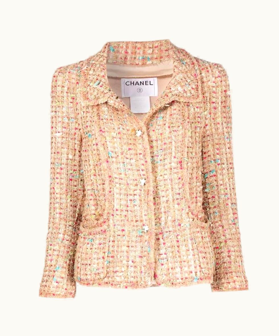 Chanel 2000s Chanel Vintage Beige Boucle Wool Jacket With Fuchsia Sequins