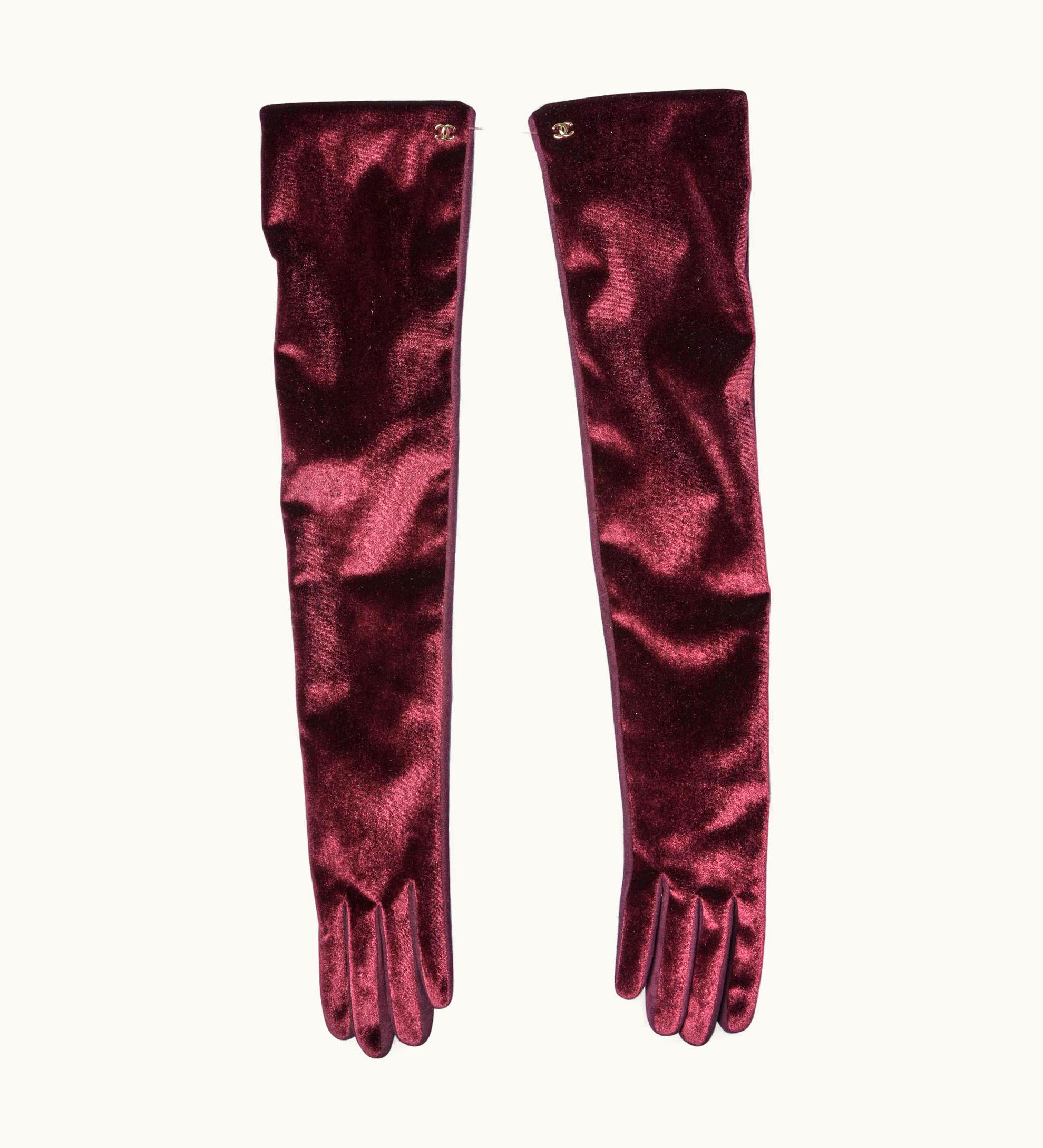 Chanel Burgundy Silk Velvet And Sued Long Evening Gloves Chanel