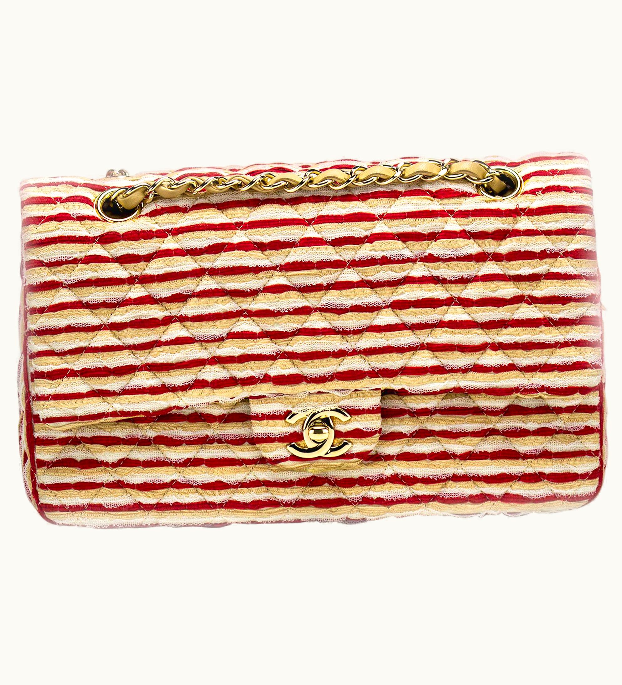 Chanel Chanel Medium Classic Vintage Striped Red And Beige Double Flap Bag