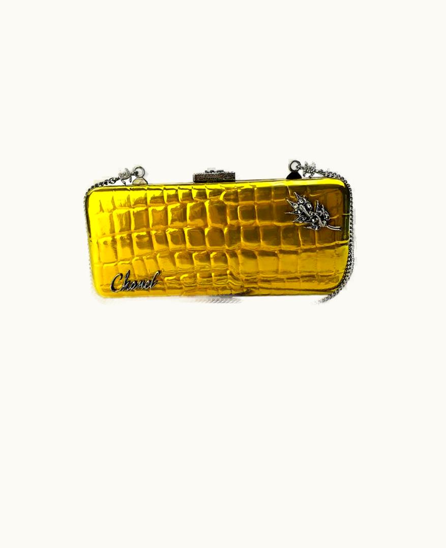 Chanel Chanel Crocodile Effect Minaudière In Gilded Metal And Leather