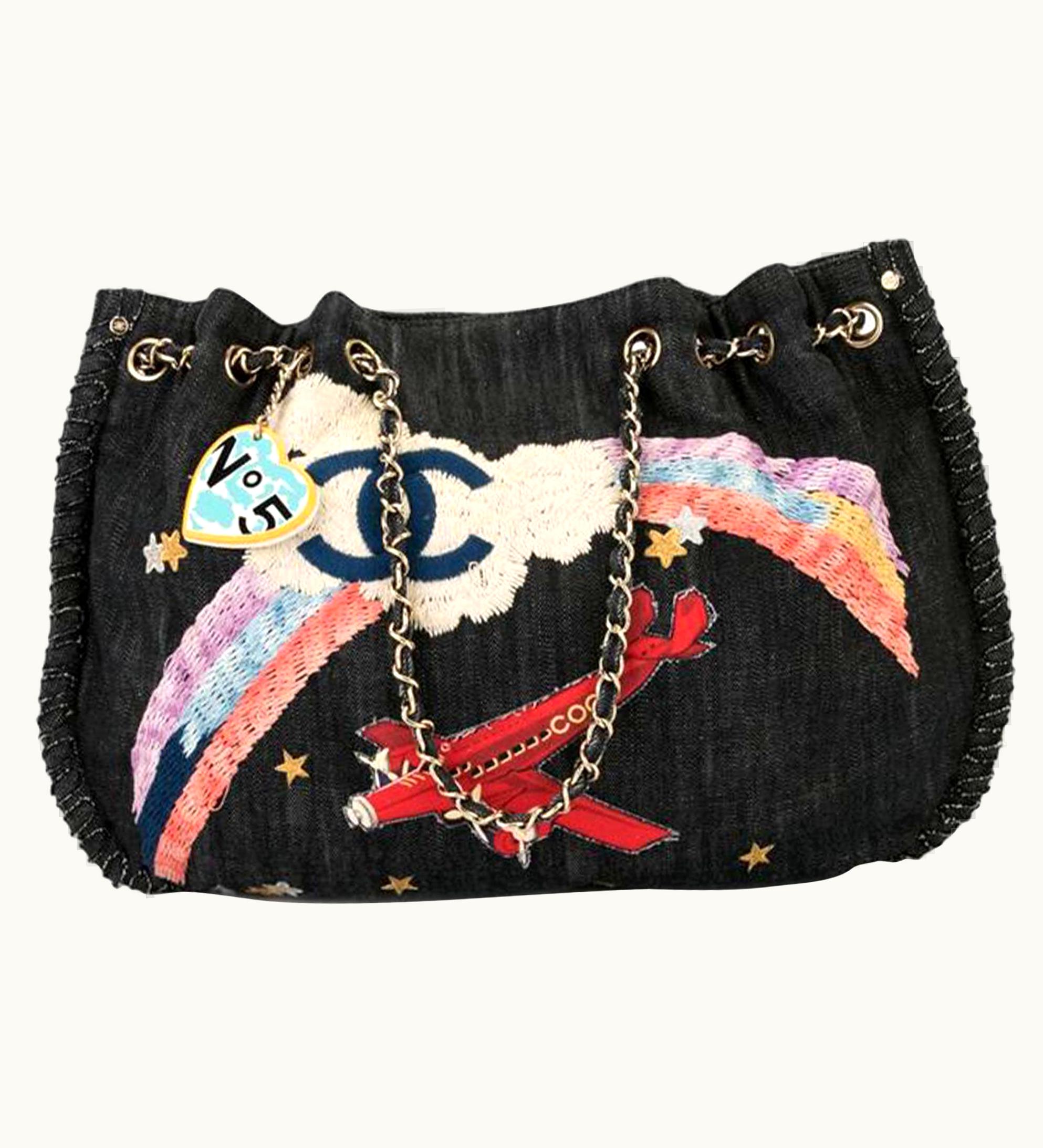 Chanel Chanel Airplane Airplanes Mixed Media Tote Blue Denim Shoulder Bag