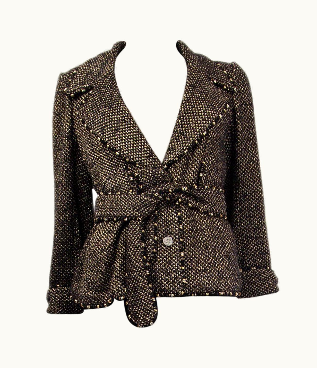 Chanel Chanel Black & Gold Cotton Tweed Studded Belted Jacket 46 Xxl