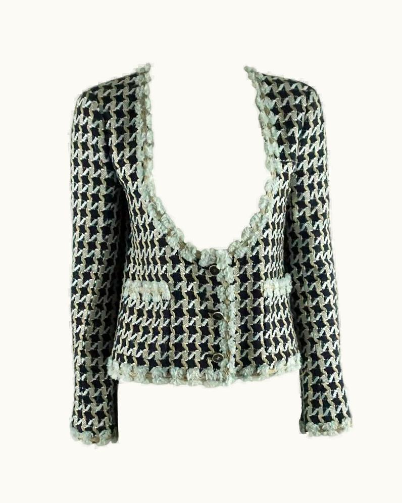 Chanel Chanel Navy And Light Blue Tweed Jacket With Plunging Neck