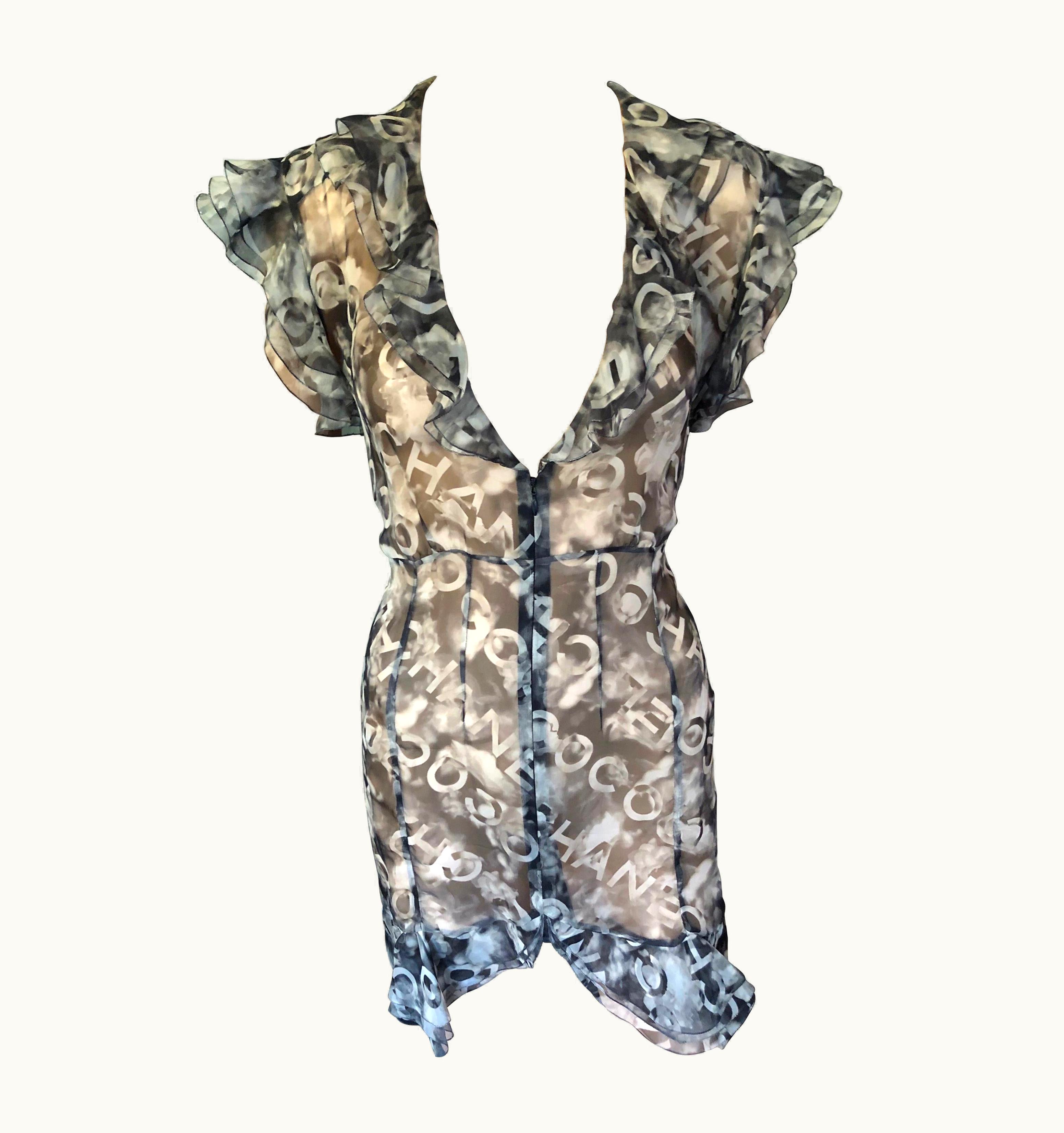 Chanel Chanel S/S 2002 Logo Monogram Sheer Plunging Silk Tunic Dress