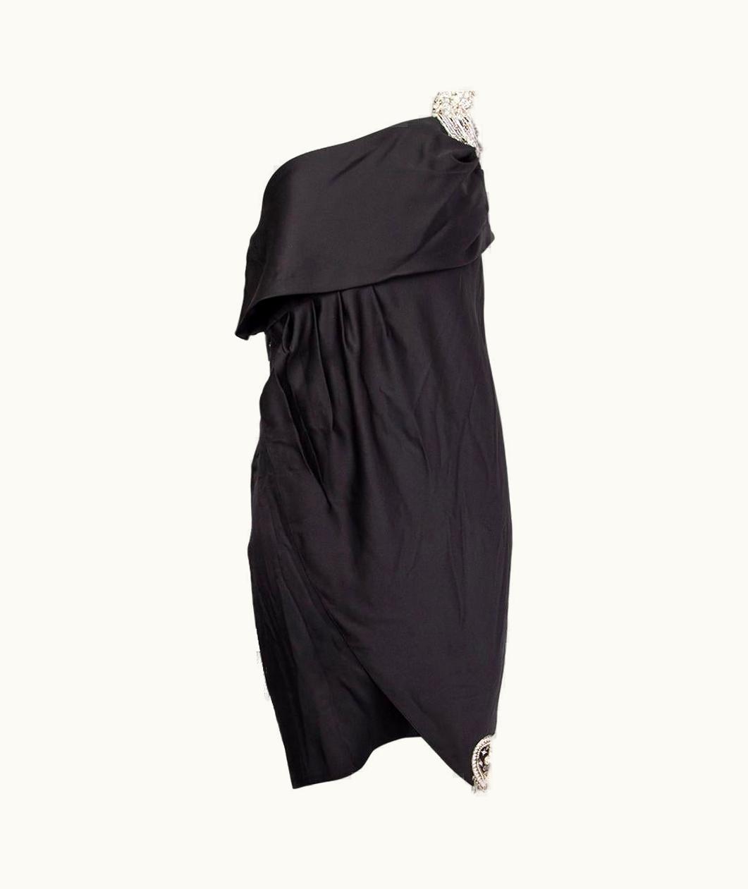 Chanel Chanel Black Silk Satin Embellished One Shoulder Cocktail Dress