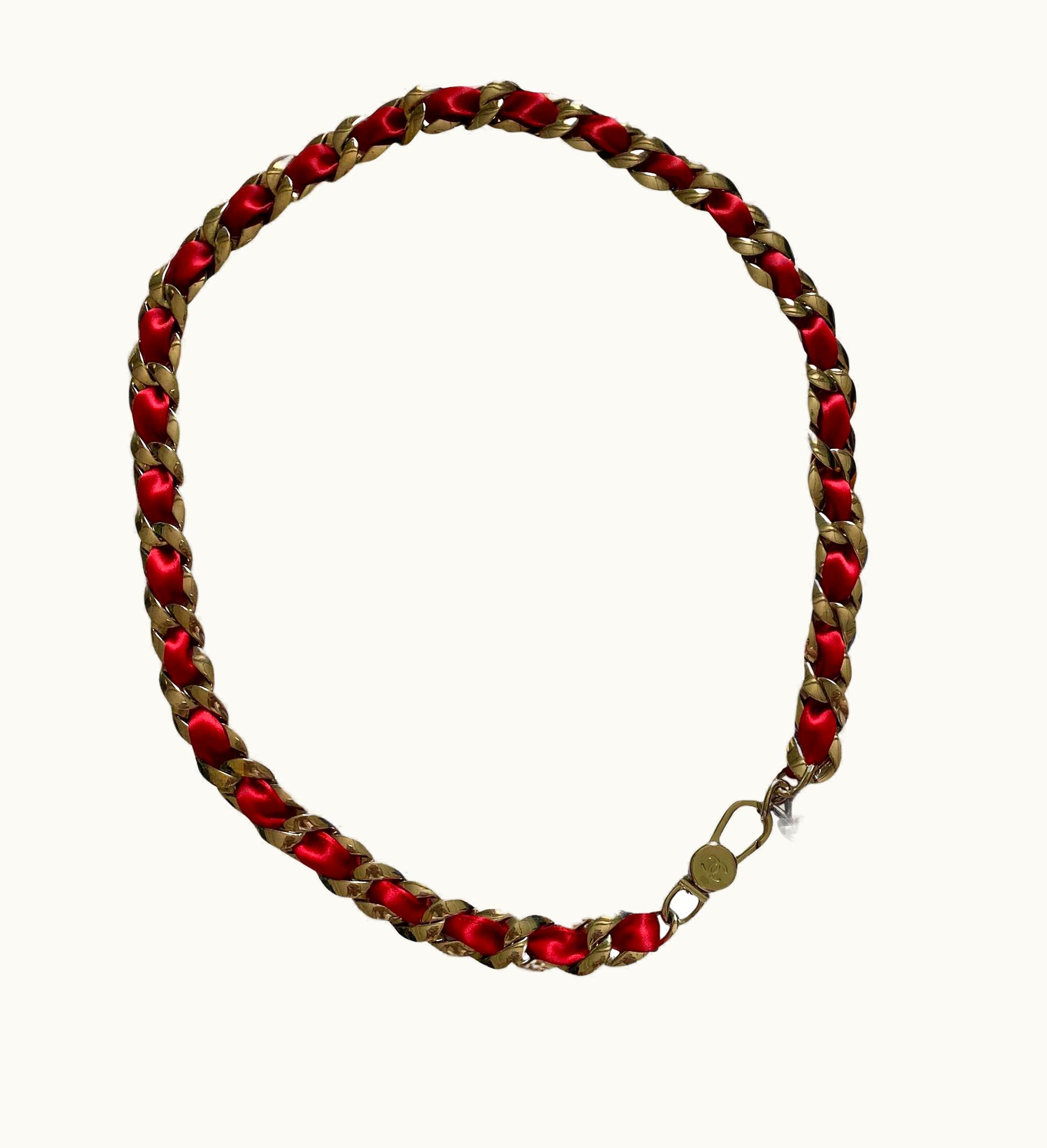 Chanel Chanel Red Satin Braid Signature Woven Chain Link Cc Logo Belt