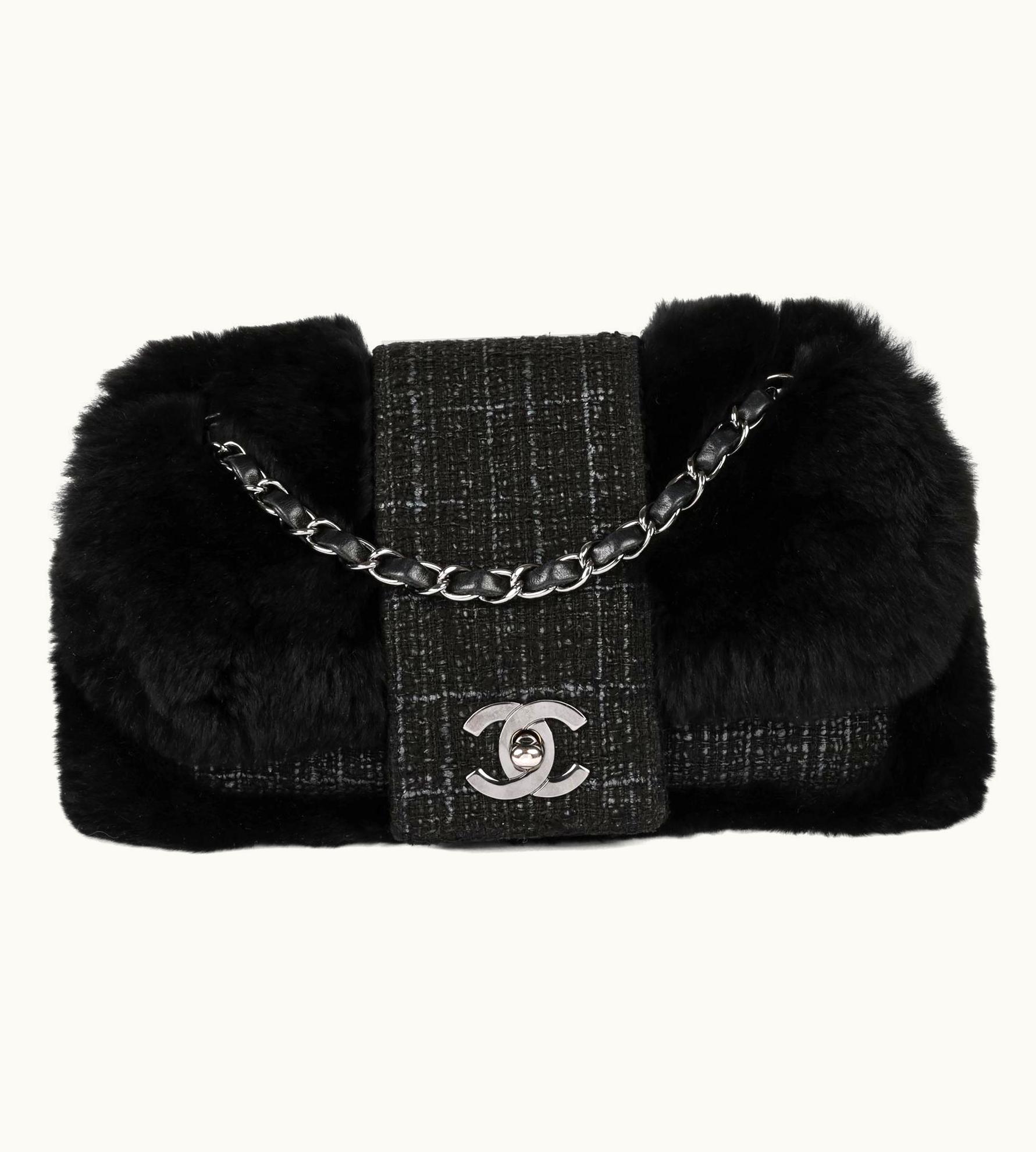 Chanel Chanel Black Fantasy Fur & Grey Tweed Medium Classic Single Flap Bag