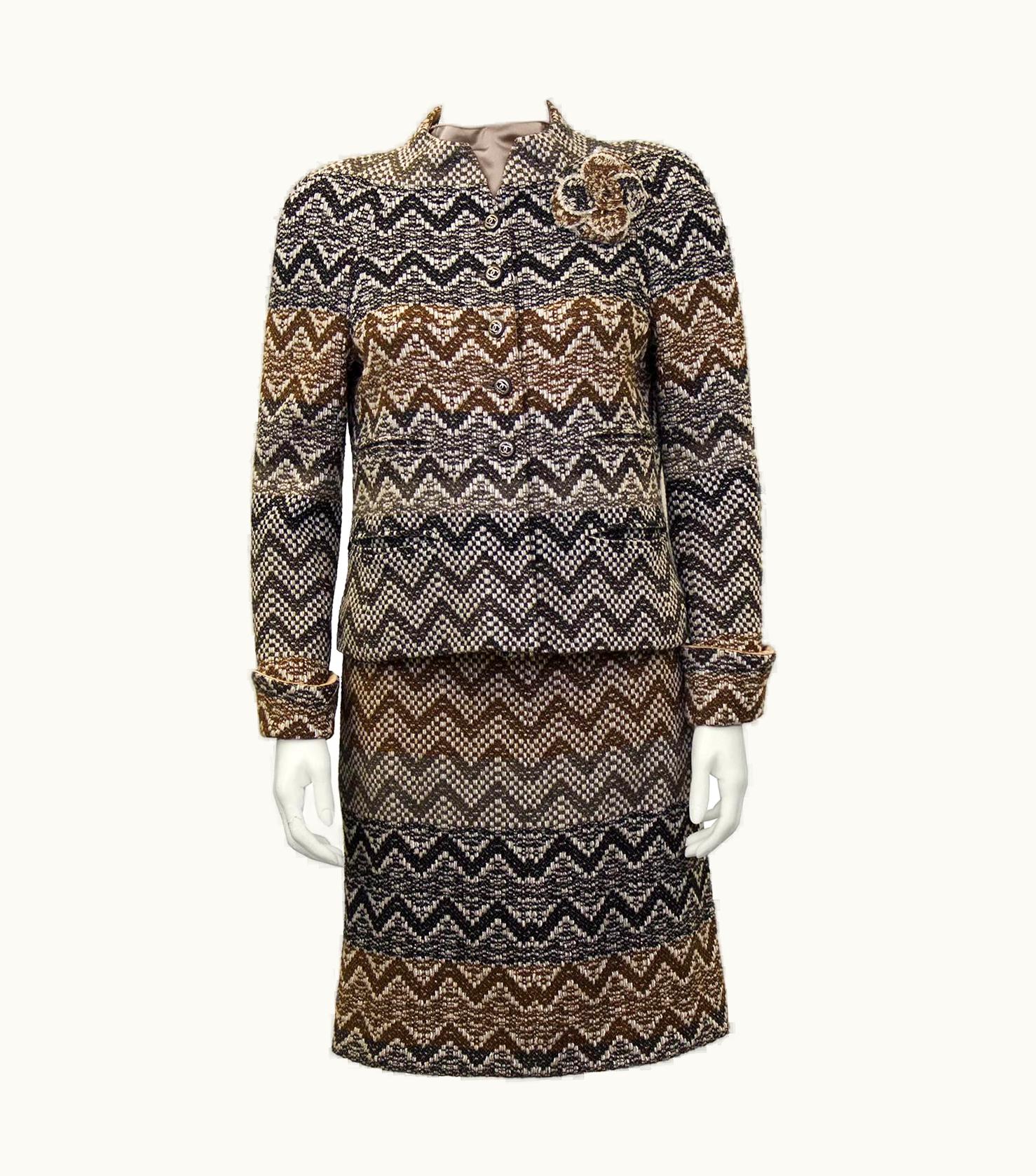 Chanel 2005 Chanel Taupe, Cream And Grey 3 Piece Boucle Skirt Suit