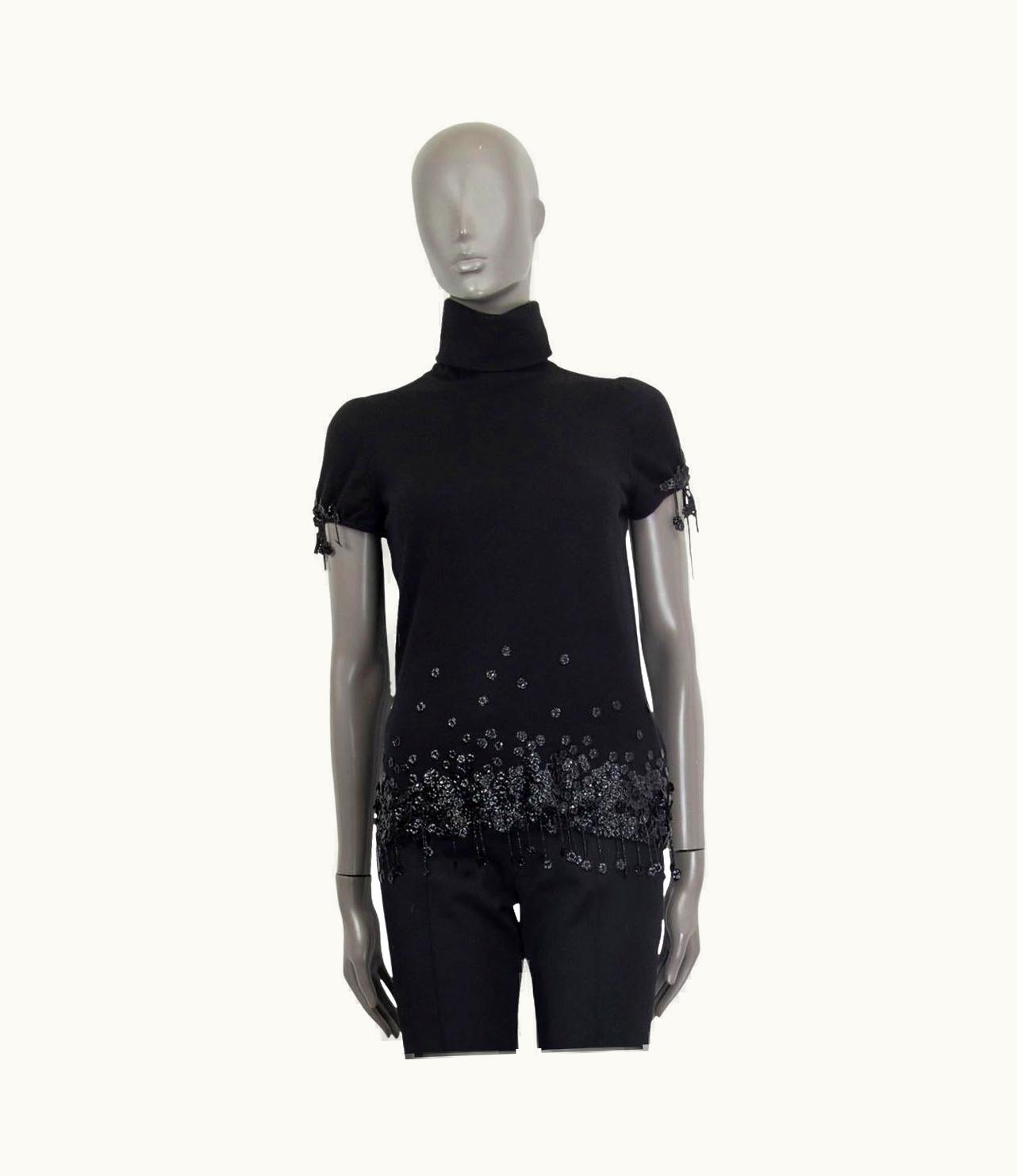 Chanel Chanel Black Cashmere Flower Embellished Knit Turtleneck Shirt